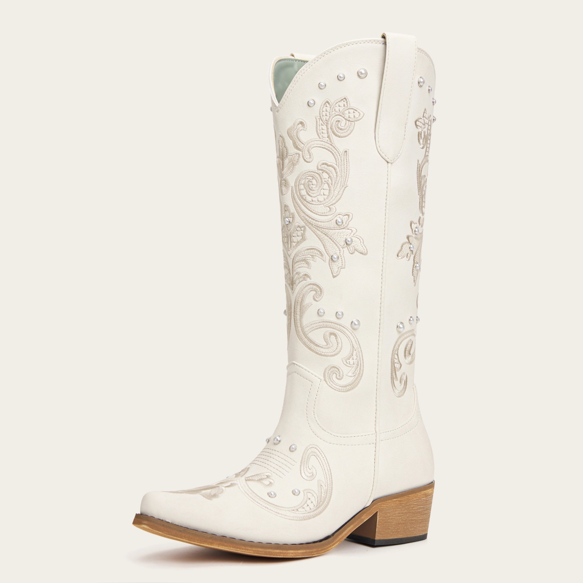 The Missie - Ivory Embroidered Cowgirl Boots with Pearls and Elegant Western Flair