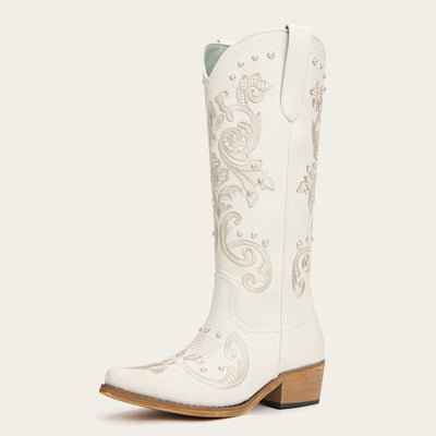 The Missie - Ivory Embroidered Cowgirl Boots with Pearls and Elegant Western Flair