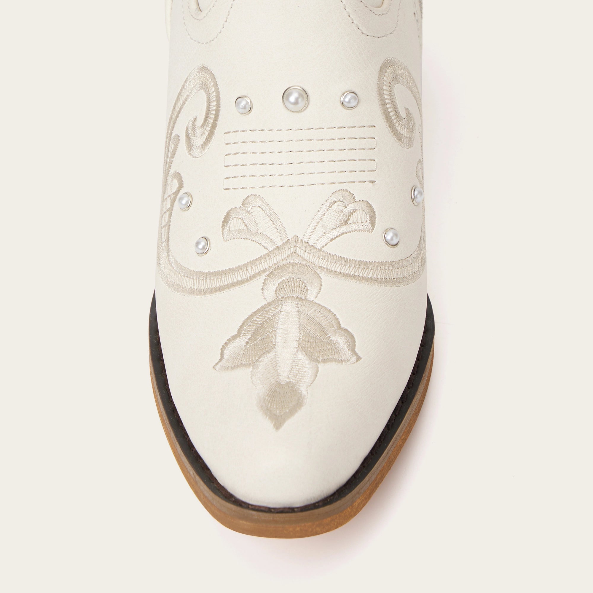 The Missie – Ivory Embroidered Cowgirl Boots with Pearls and Elegant Western Flair