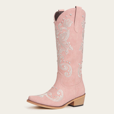 The Missie - Pink Embroidered Cowgirl Boots with Pearls and Elegant Western Flair