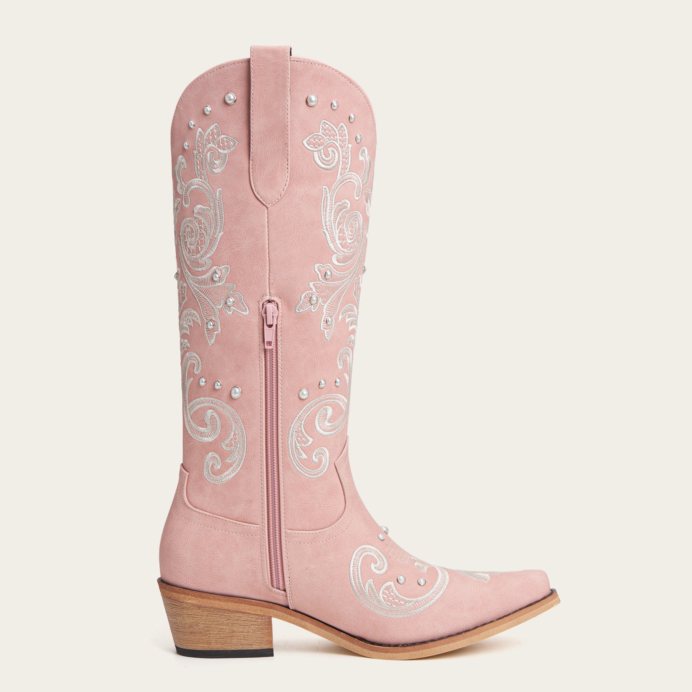 The Missie - Pink Embroidered Cowgirl Boots with Pearls and Elegant Western Flair