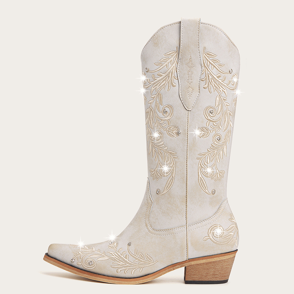 The Everly - Ivory Cowgirl Boots with Vine Embroidery and Crystal Accents