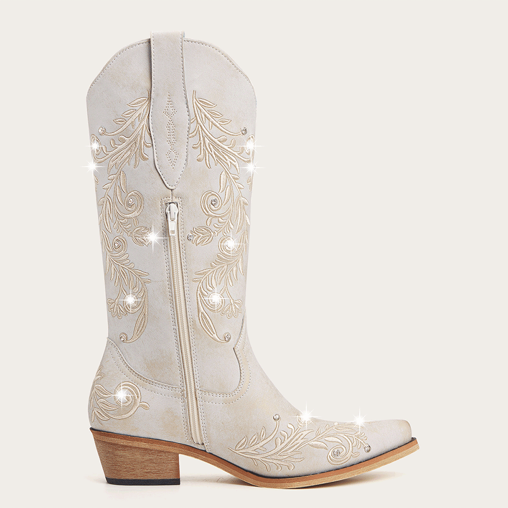 The Everly - Ivory Cowgirl Boots with Vine Embroidery and Crystal Accents