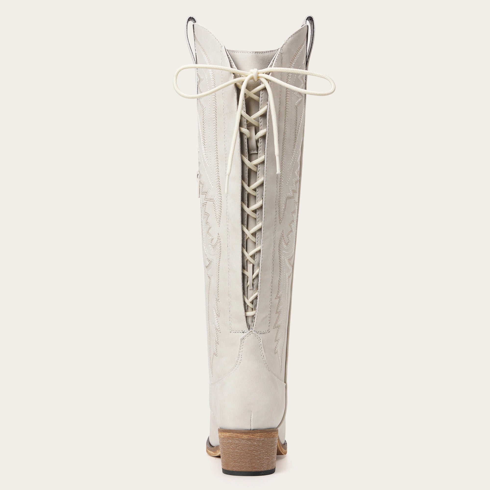 The Withersteen – Ivory Tall Cowgirl Boots with Bold Embroidery and Lace-Up Back