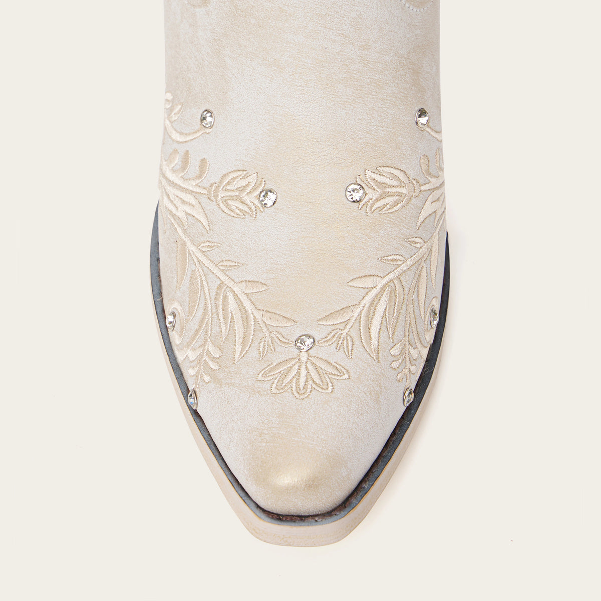 The Everly - Ivory Floral Vine Embroidered Snip Toe Cowgirl Boots with Side Zipper