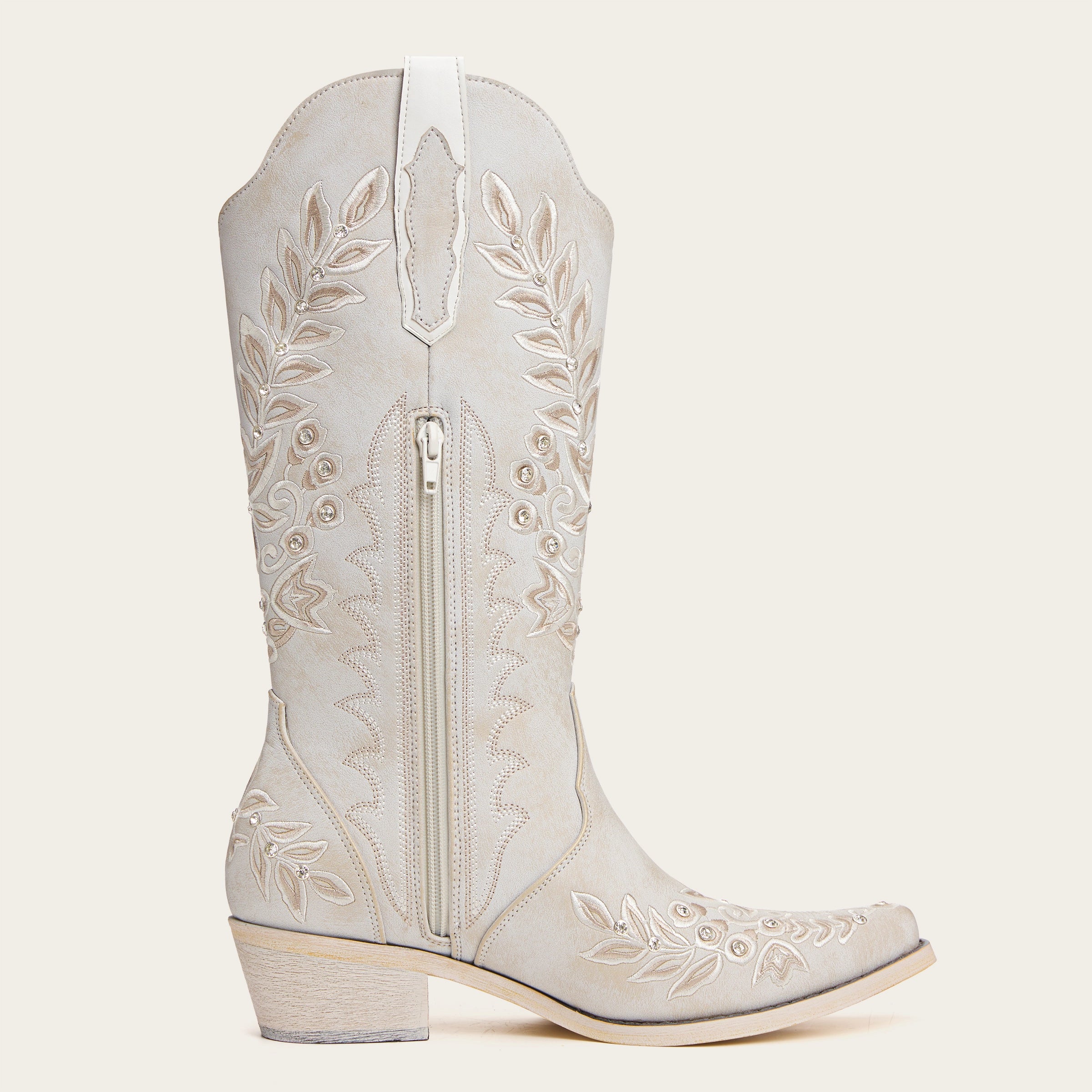 The Grace – Ivory Western Boots with Embroidered Floral and Rhinestone Accents