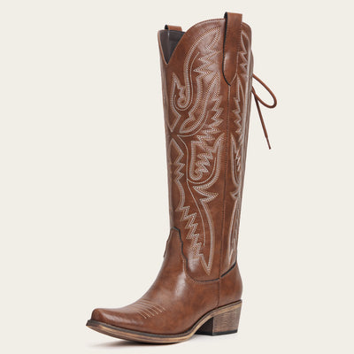 The Withersteen - Brown Wide Calf Cowgirl Boots with Bold Embroidery and Lace-Up Back