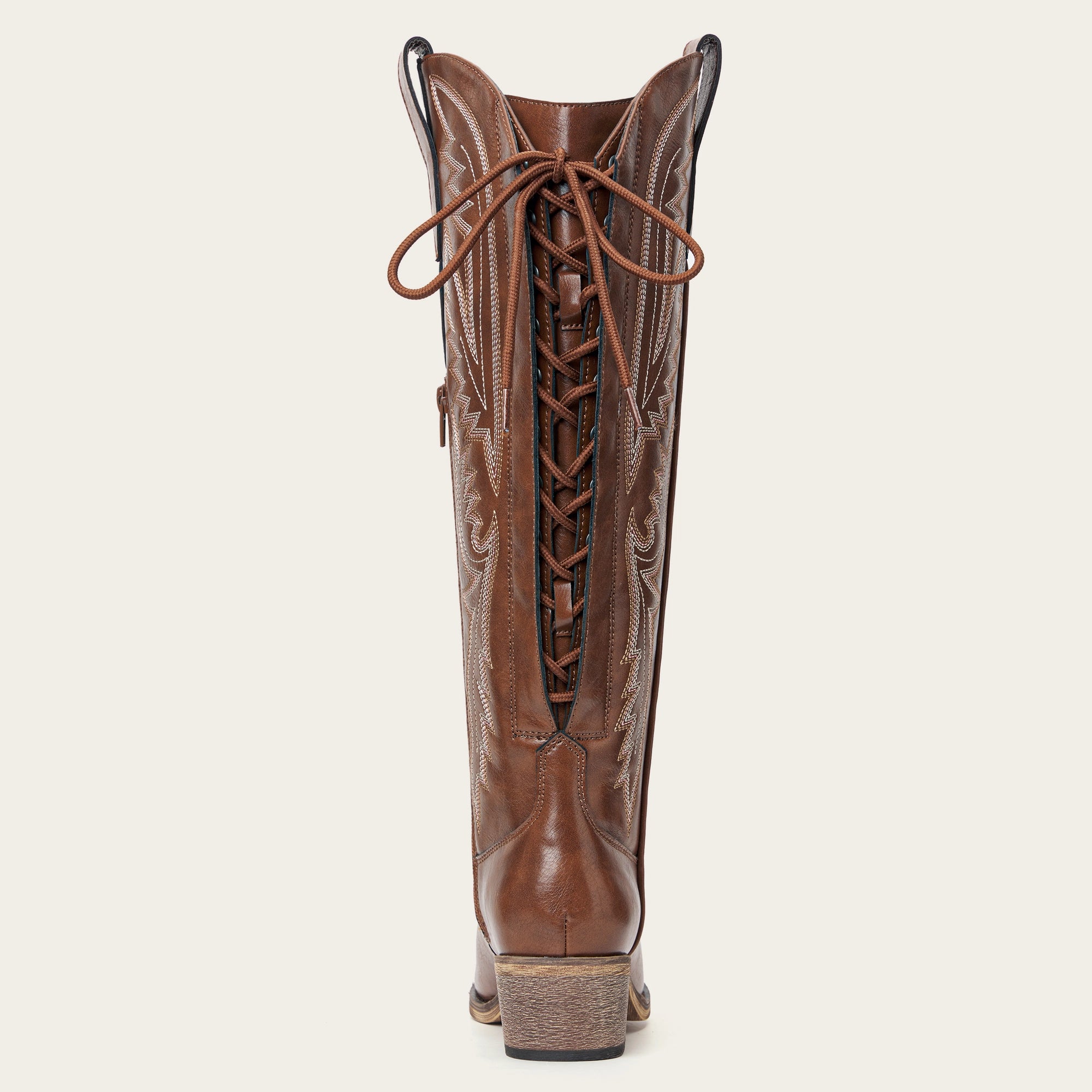 The Withersteen – Brown Tall Cowgirl Boots with Bold Embroidery and Lace-Up Back