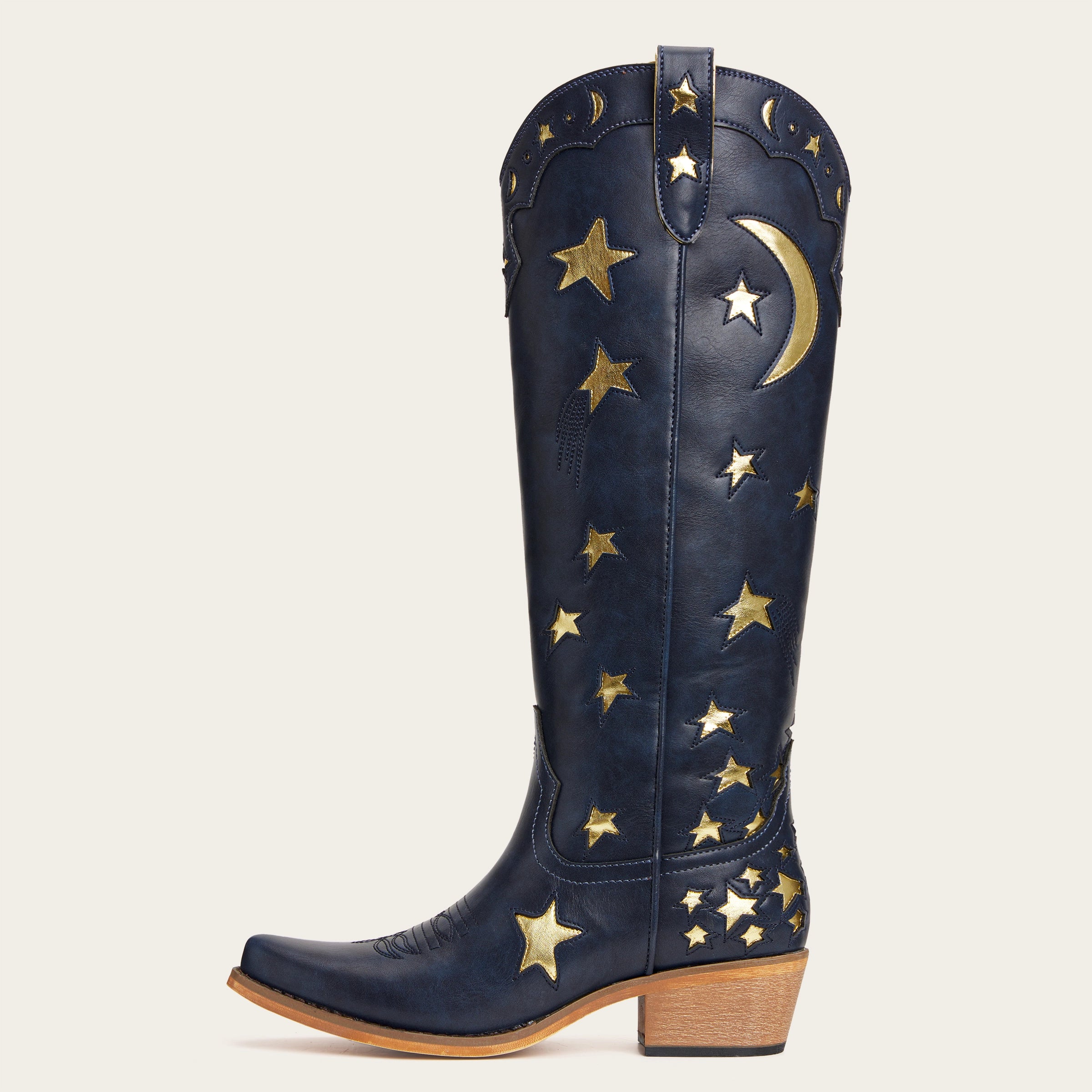 The Celestial – Midnight Blue Snip Toe Starry with Moon Cutout Tall Cowgirl Boots