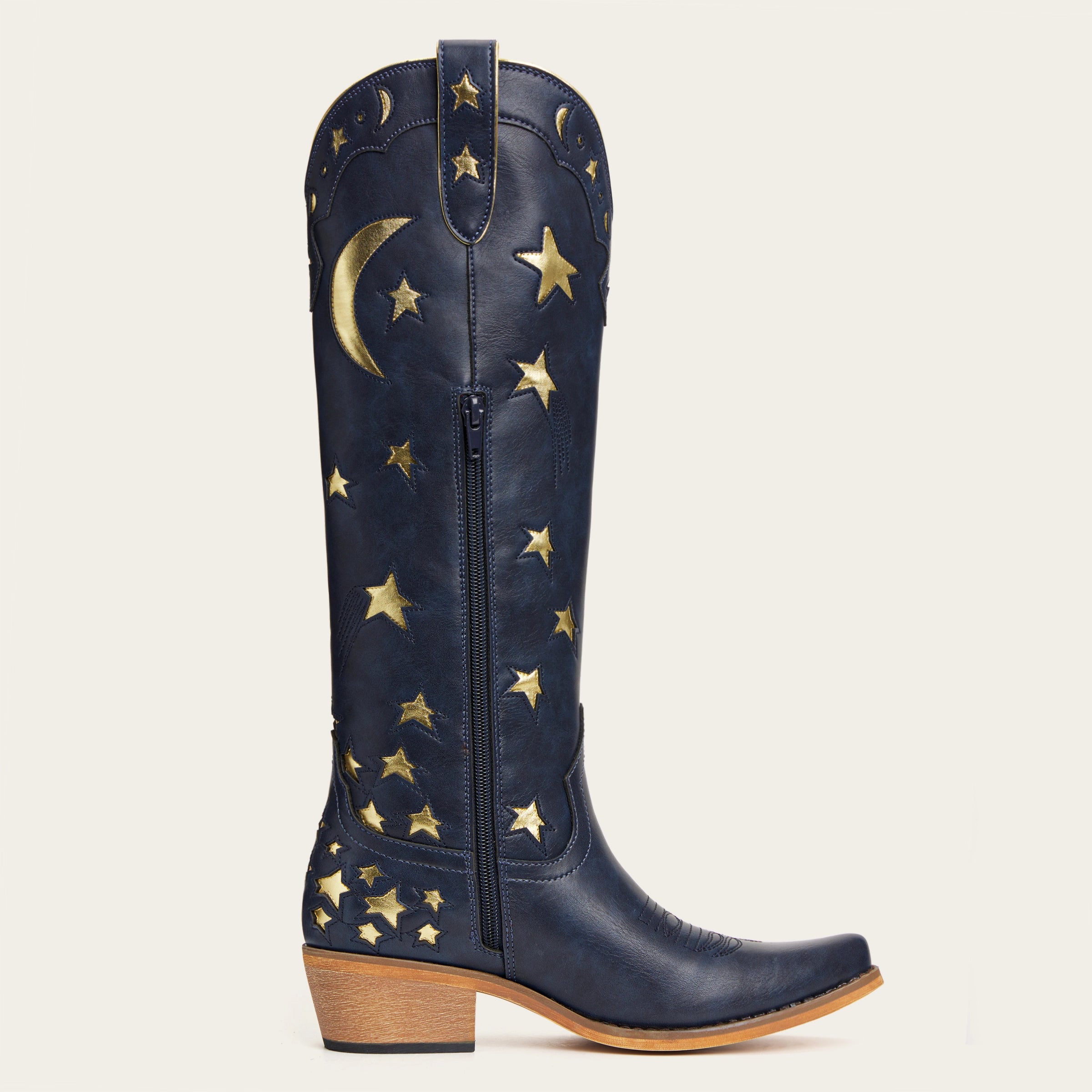 The Celestial - Midnight Blue Snip Toe Starry with Moon Cutout Tall Cowgirl Boots