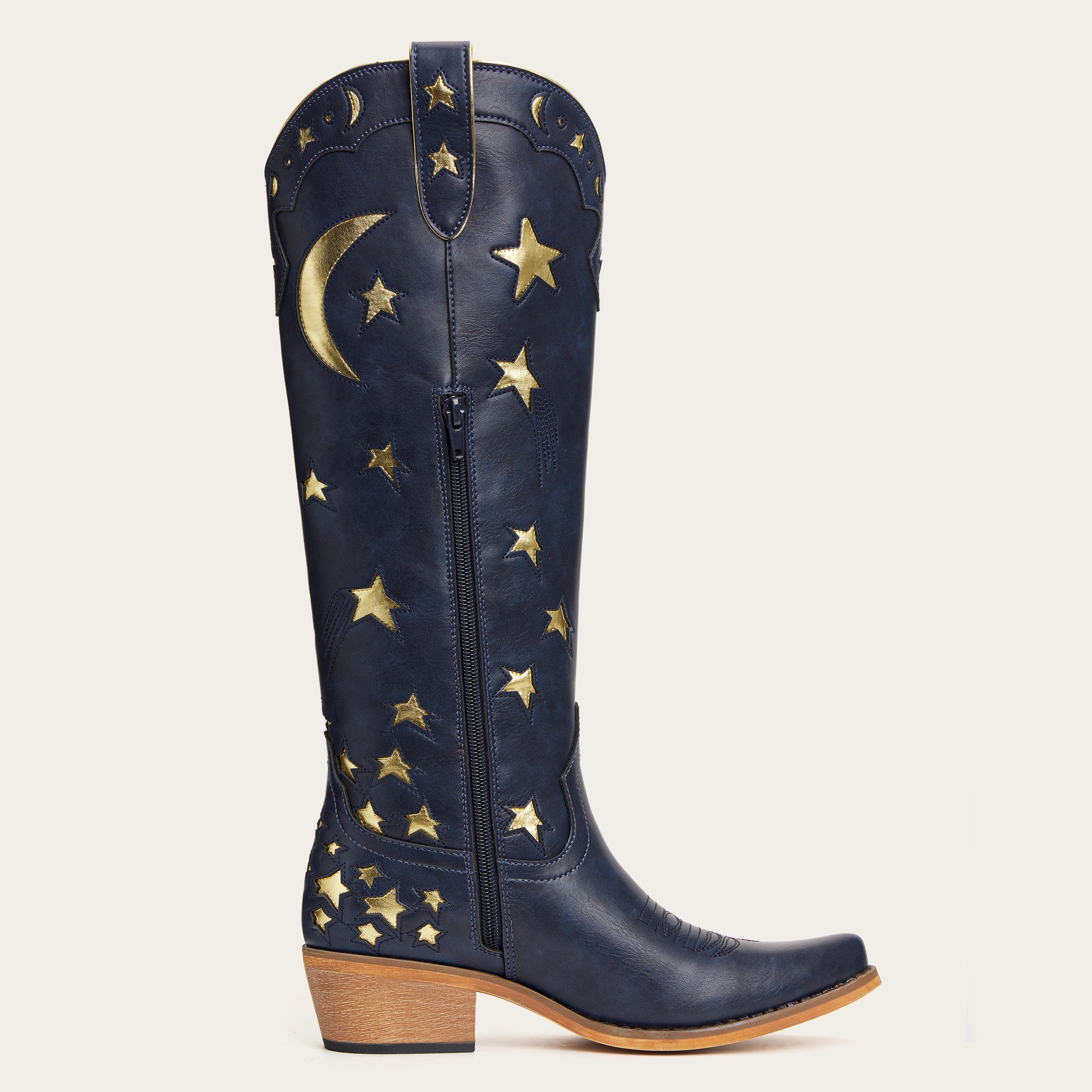 The Celestial – Midnight Blue Snip Toe Starry with Moon Cutout Tall Cowgirl Boots