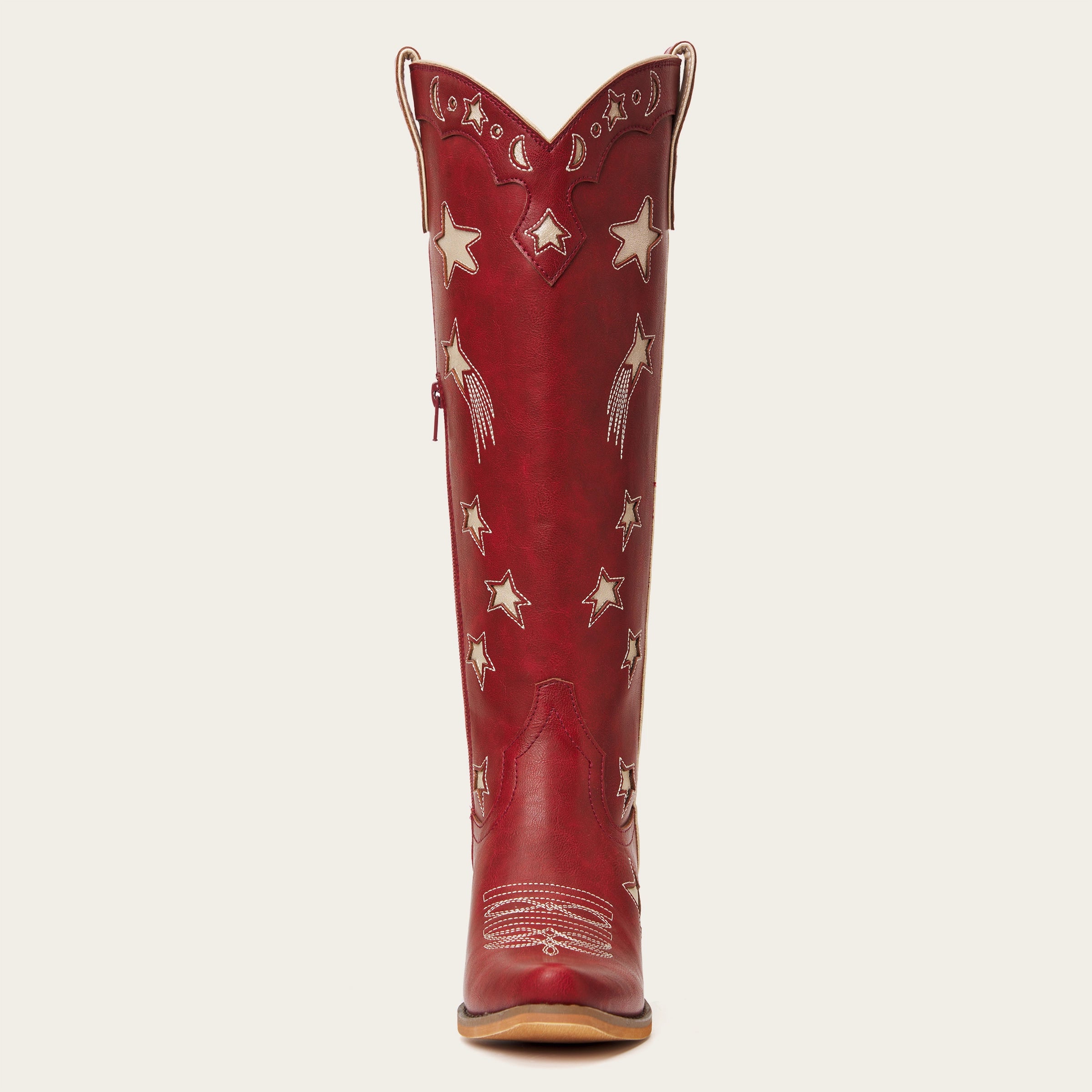The Celestial โ Fire Red Snip Toe Starry with Moon Cutout Tall Cowgirl Boots