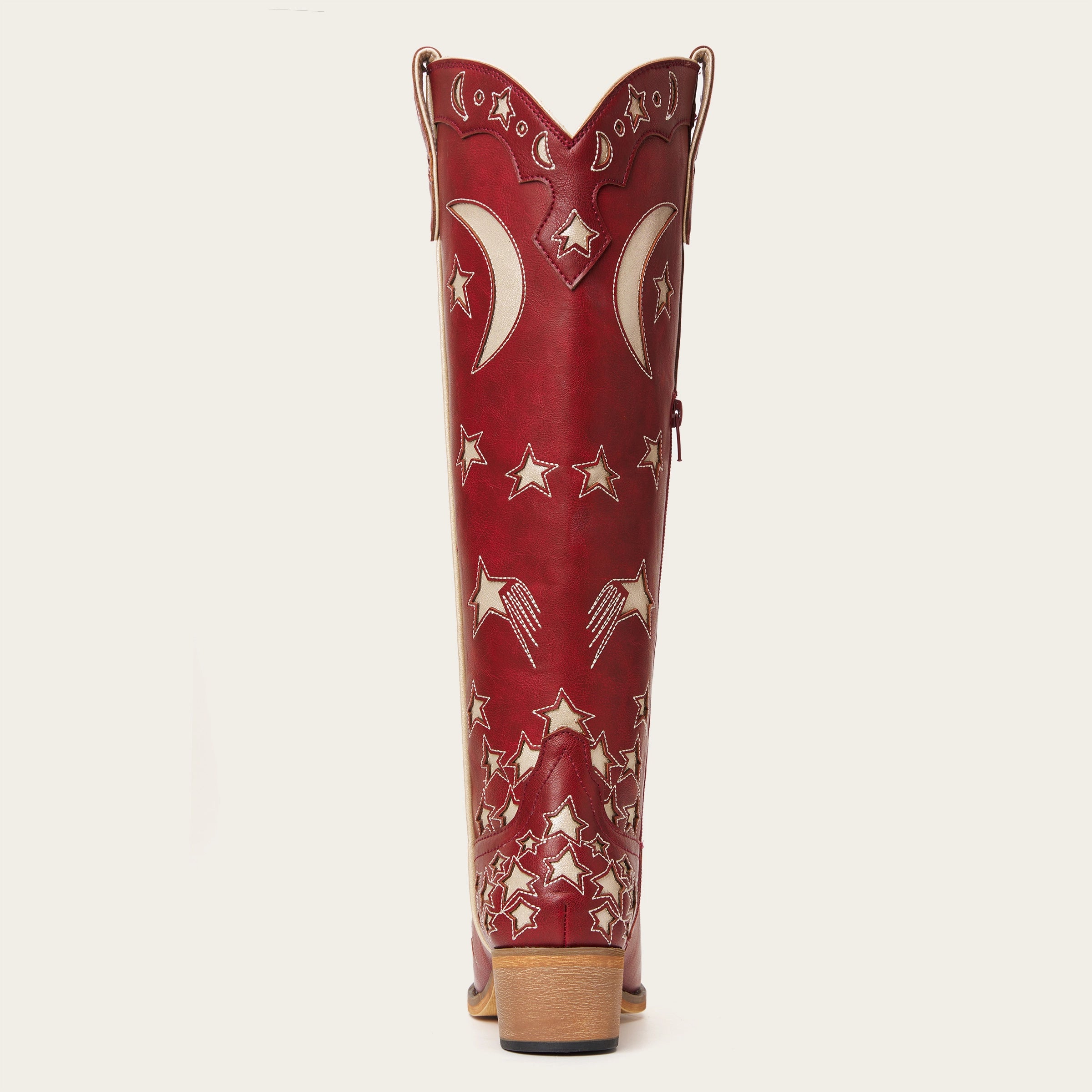 The Celestial โ Fire Red Snip Toe Starry with Moon Cutout Tall Cowgirl Boots
