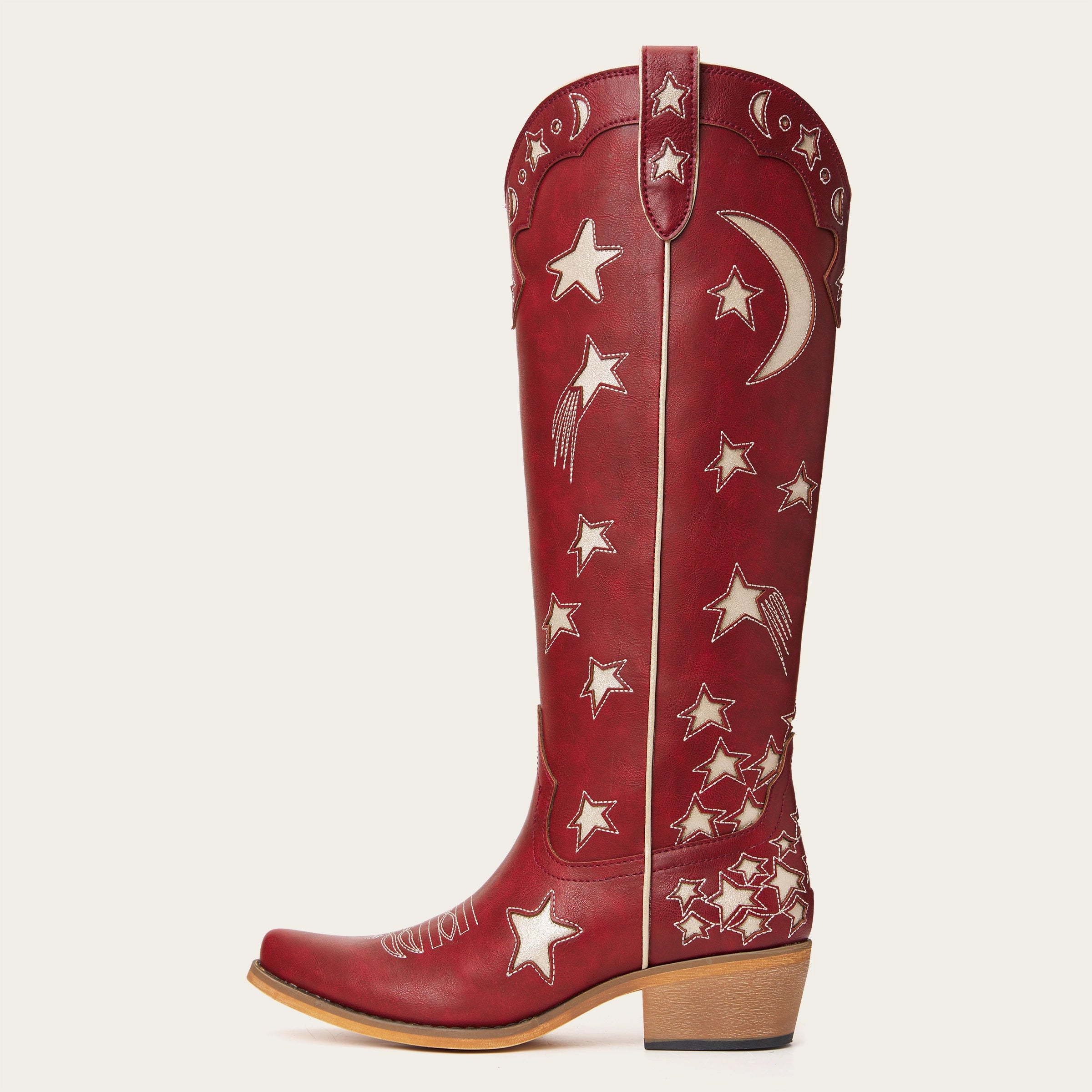 The Celestial โ Fire Red Snip Toe Starry with Moon Cutout Tall Cowgirl Boots