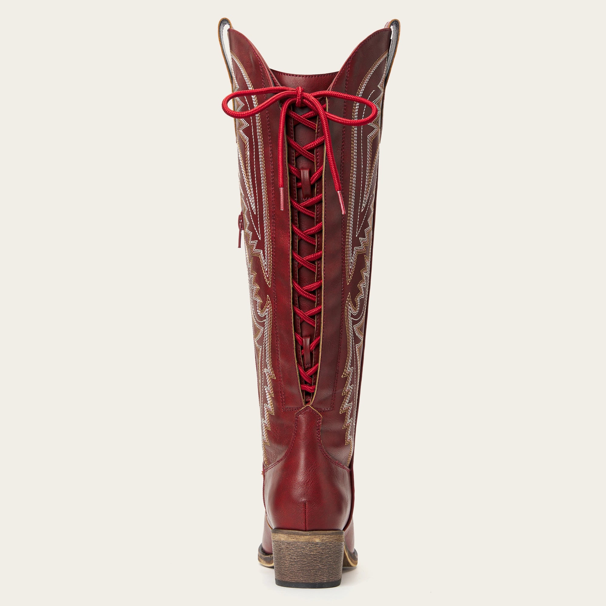 The Withersteen – Red Tall Cowgirl Boots with Bold Embroidery and Lace-Up Back