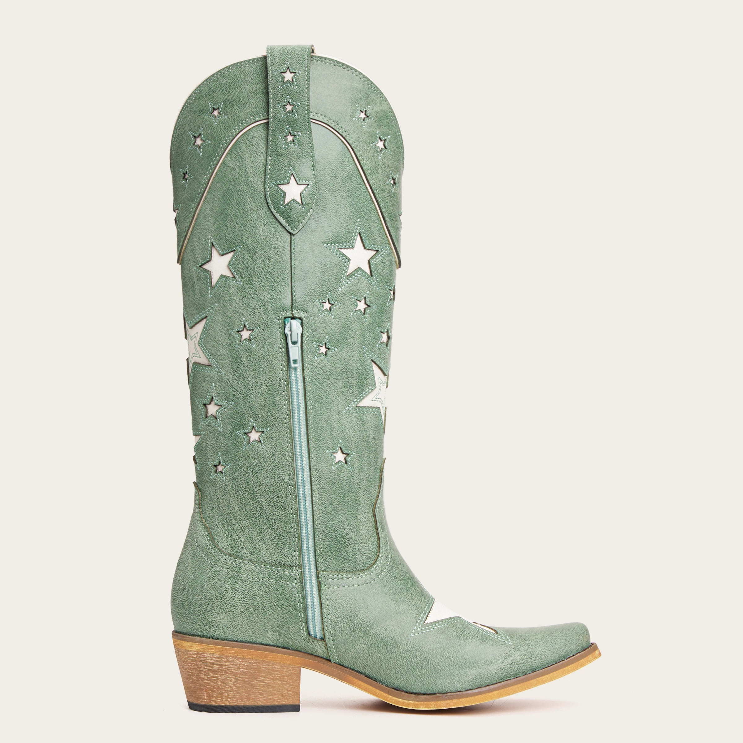 The Hensley - Celestial Green Starry Tall Cowgirl Boots with White Cutout