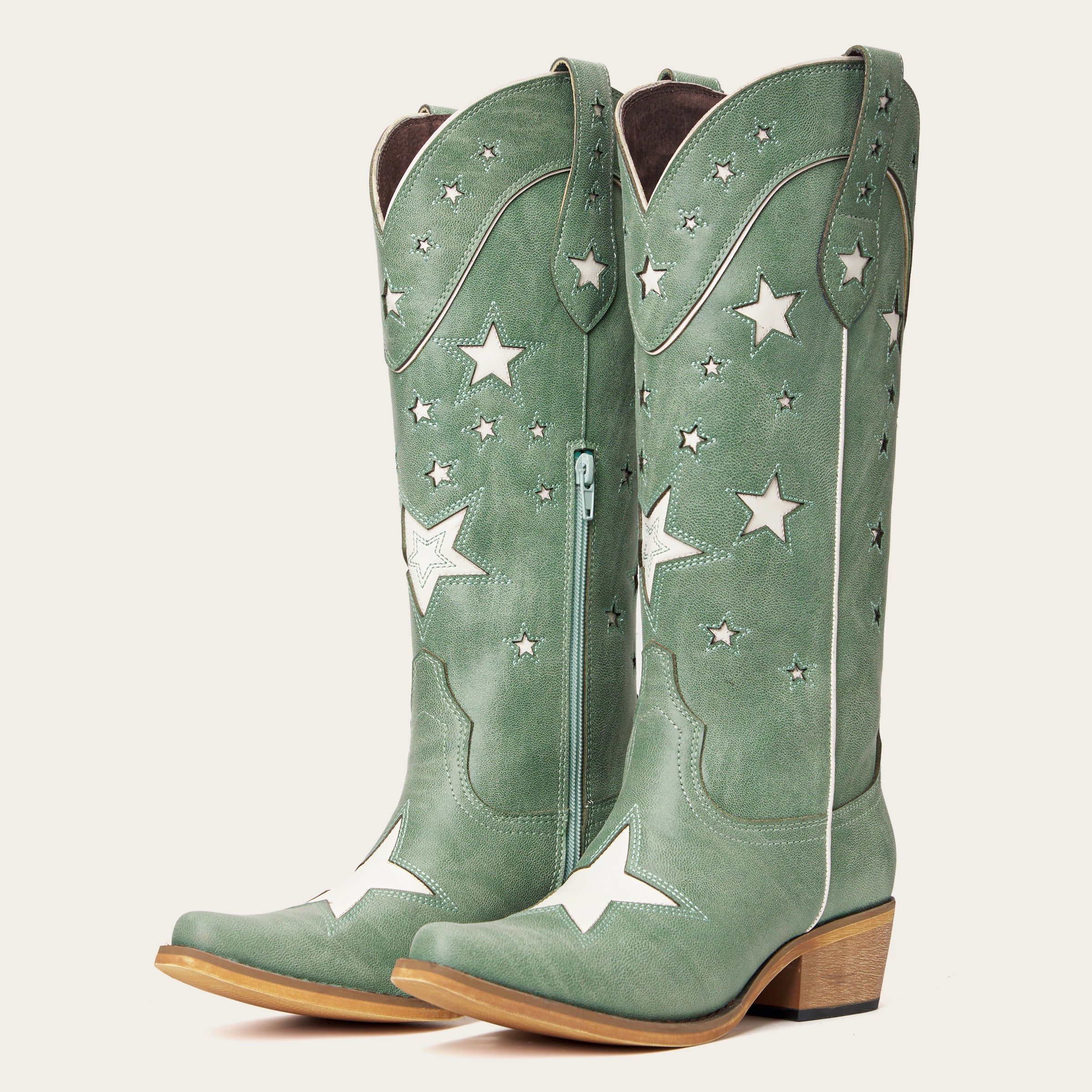 The Hensley - Celestial Green Starry Tall Cowgirl Boots with White Embroidery
