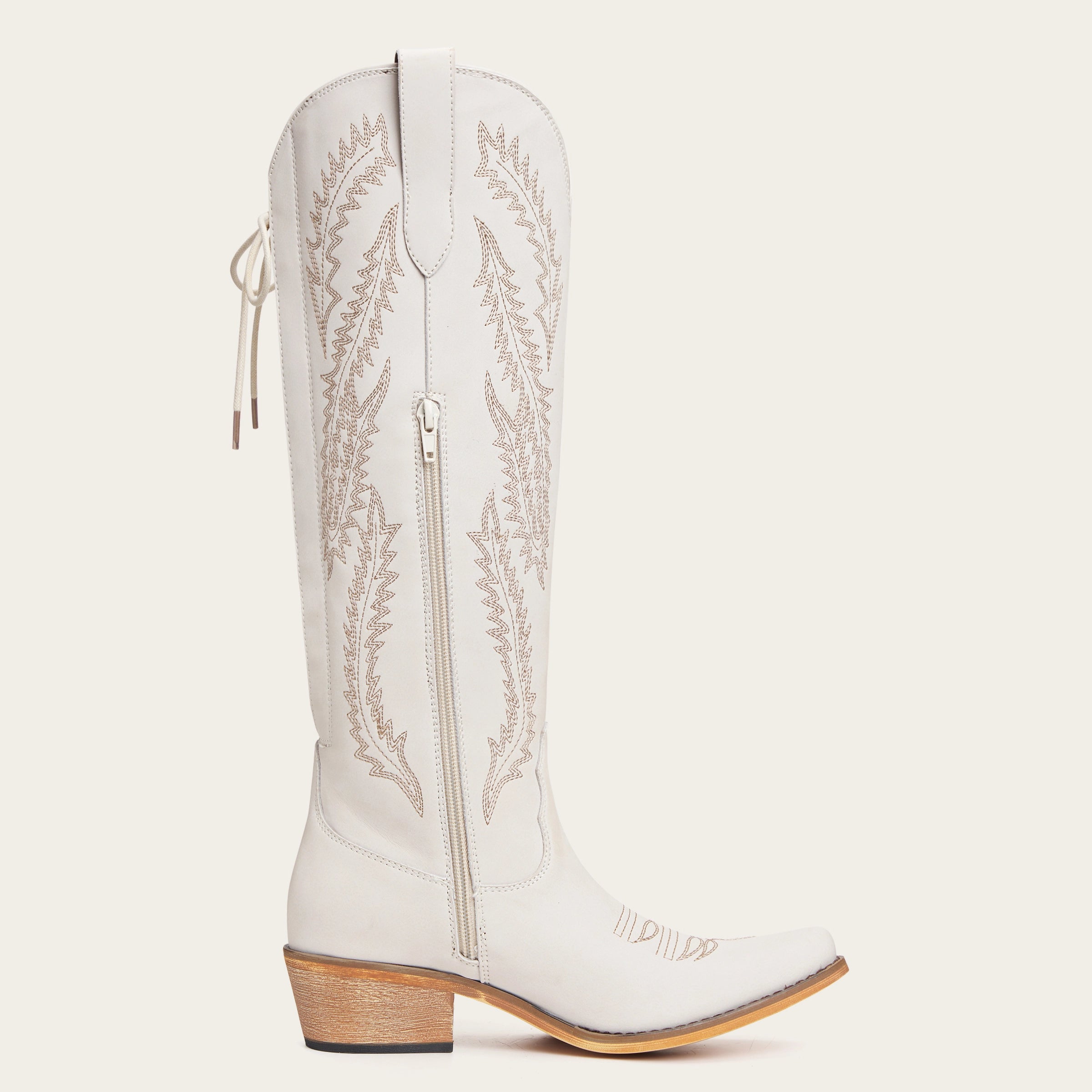 The Cattle - Cream Wide Calf Embroidered Snip Toe Cowgirl Boots with Side Zipper