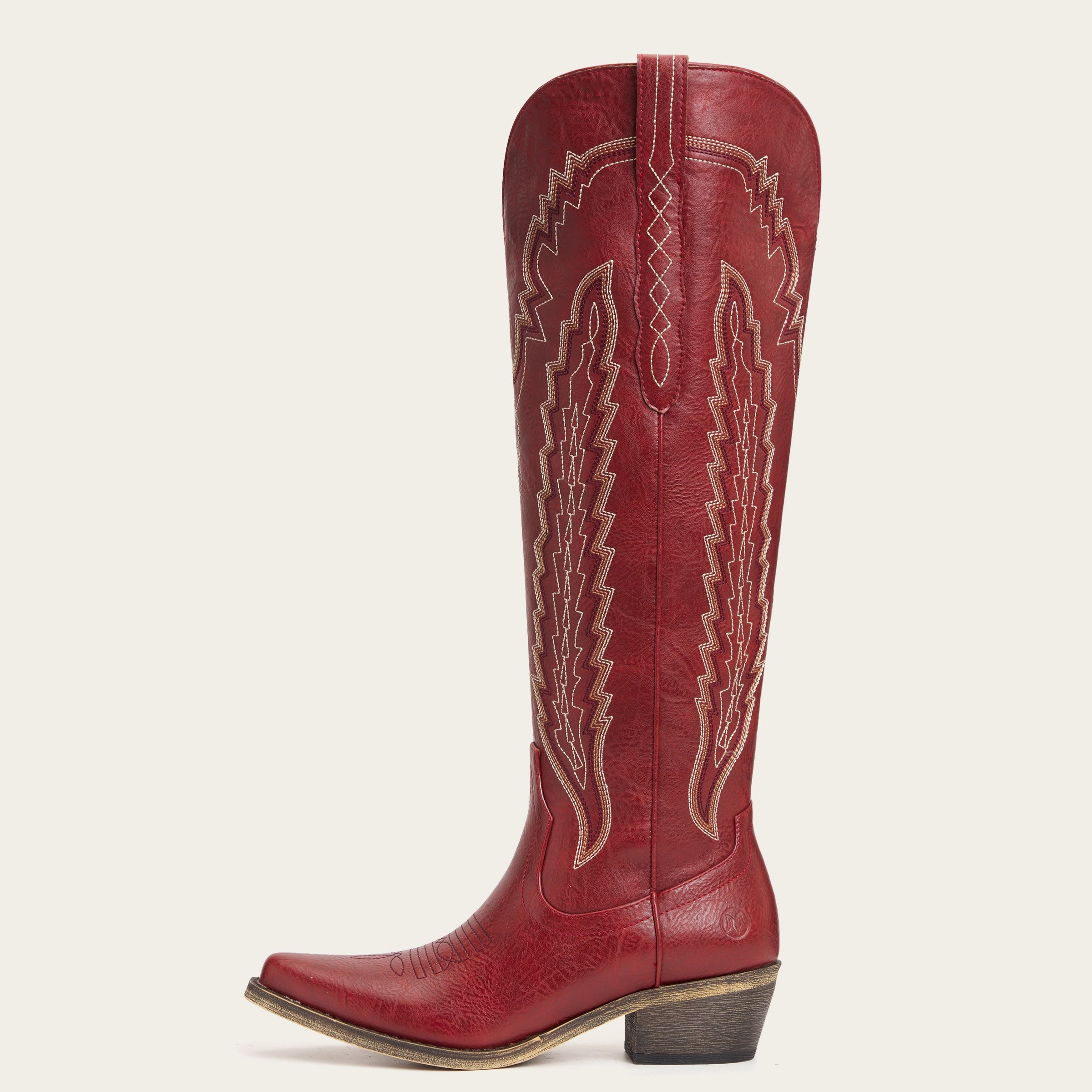 The Crimson Fire – Red Wide Calf Over-the-knee Cowgirl Boots with Fire Embroidery