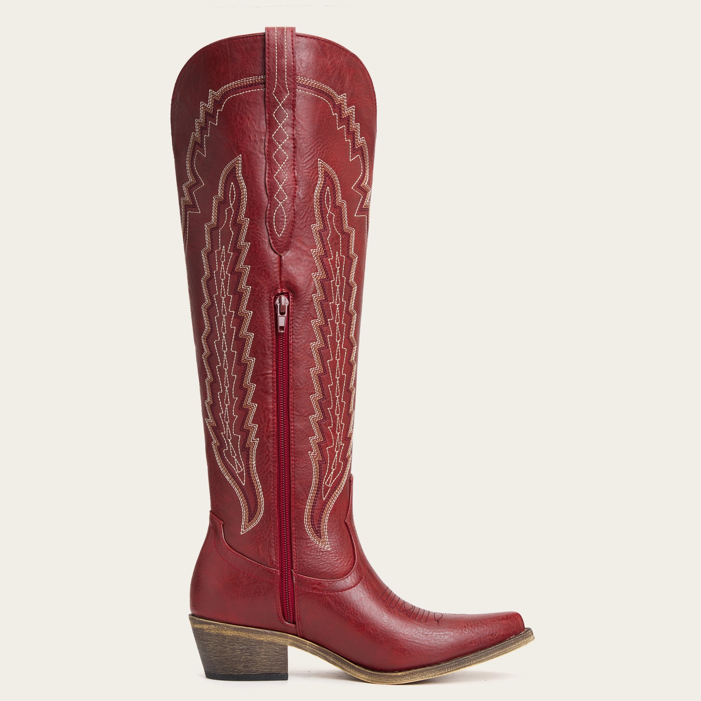The Crimson Fire – Red Wide Calf Over-the-knee Cowgirl Boots with Fire Embroidery