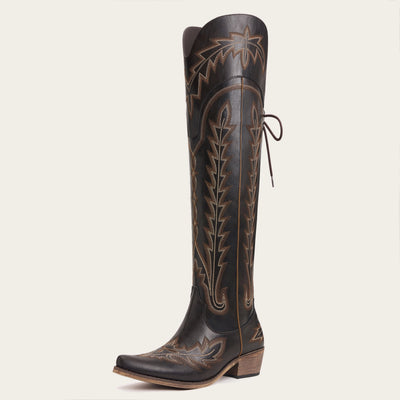 The Ross - Espresso Extra Tall Wide Calf Embroidered Soft Snip Toe Cowgirl Boots with Back Lace
