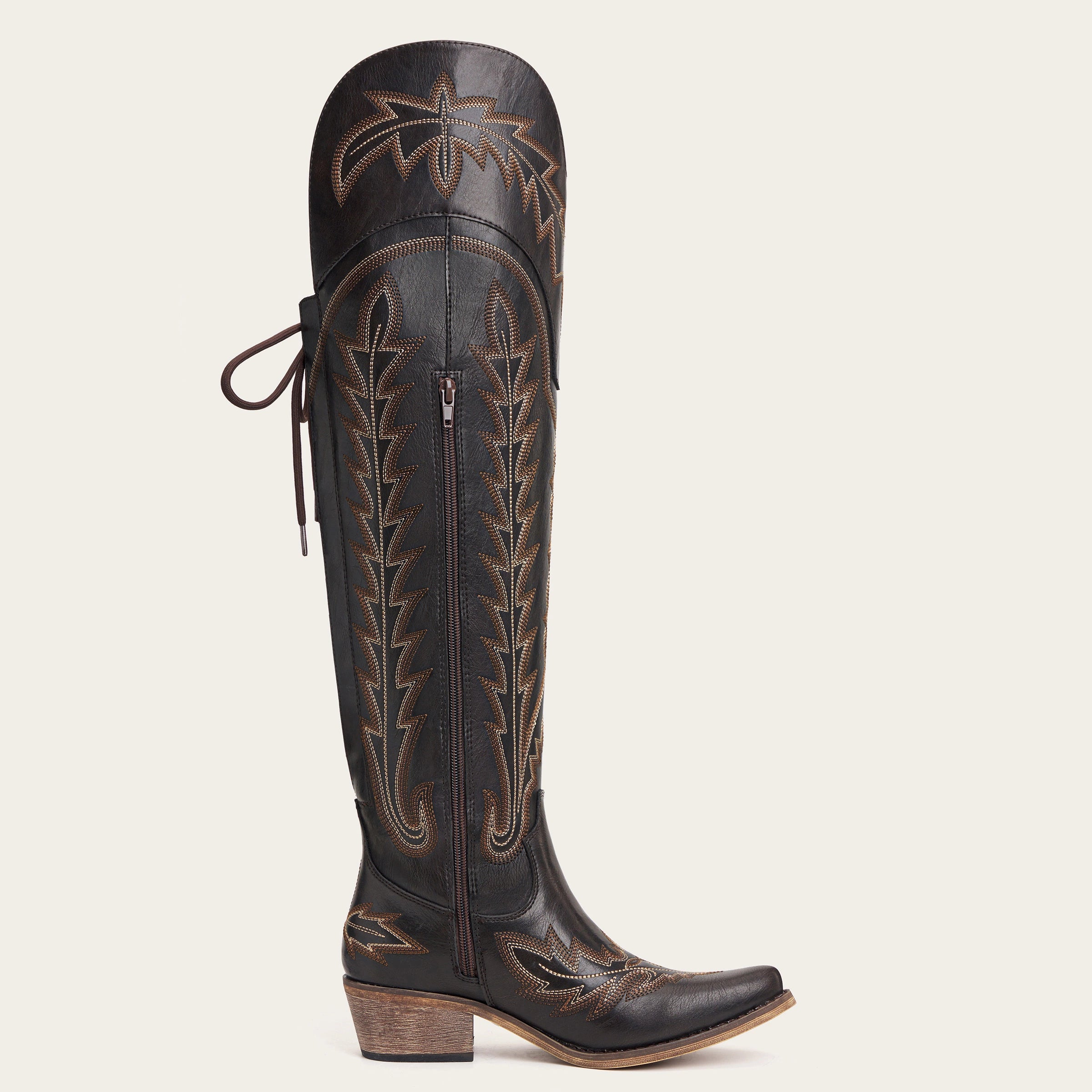 The Ross - Espresso Over-the-Knee Cowgirl Boots with Back Tie & Embroidery
