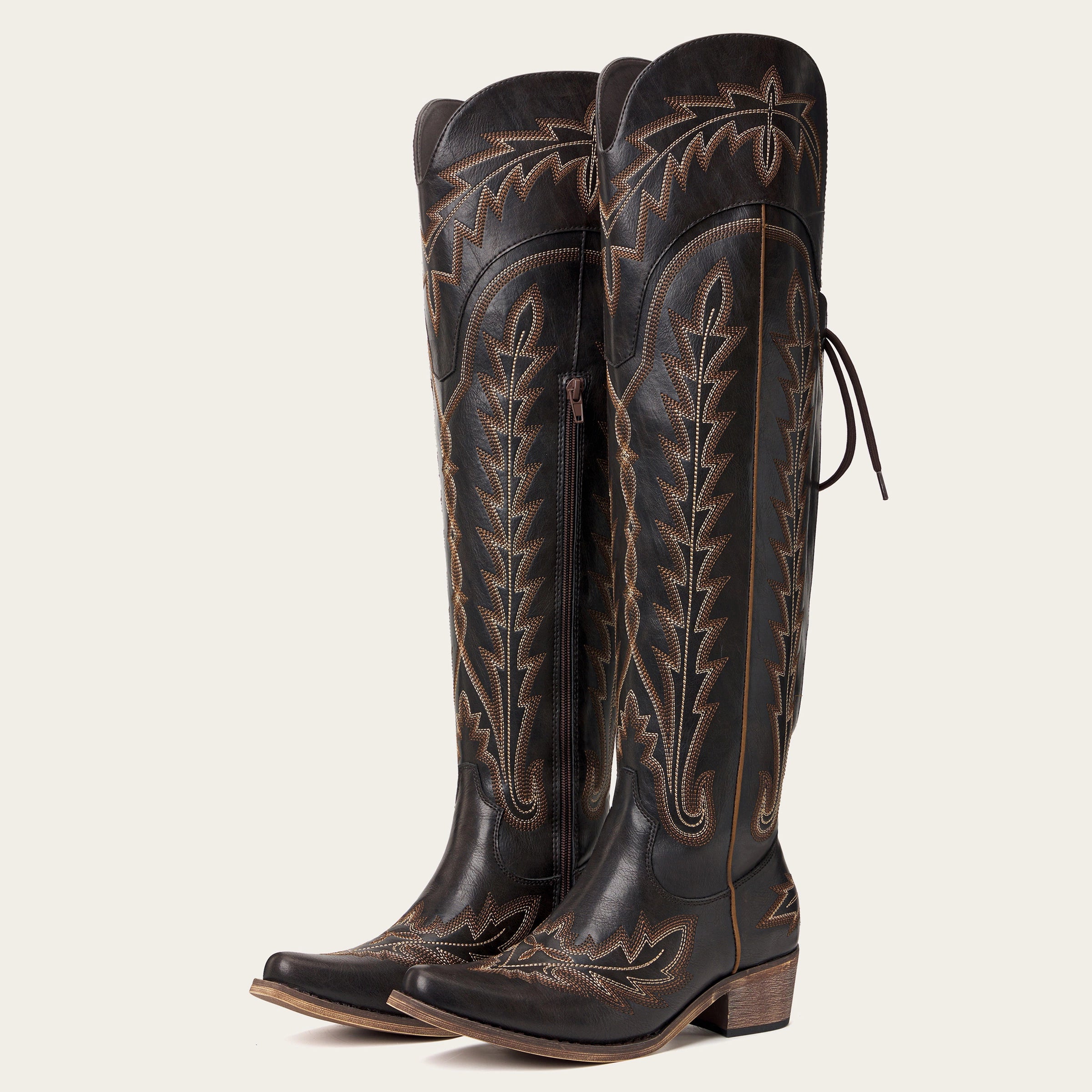 The Ross - Espresso Over-the-Knee Cowgirl Boots with Back Tie & Embroidery