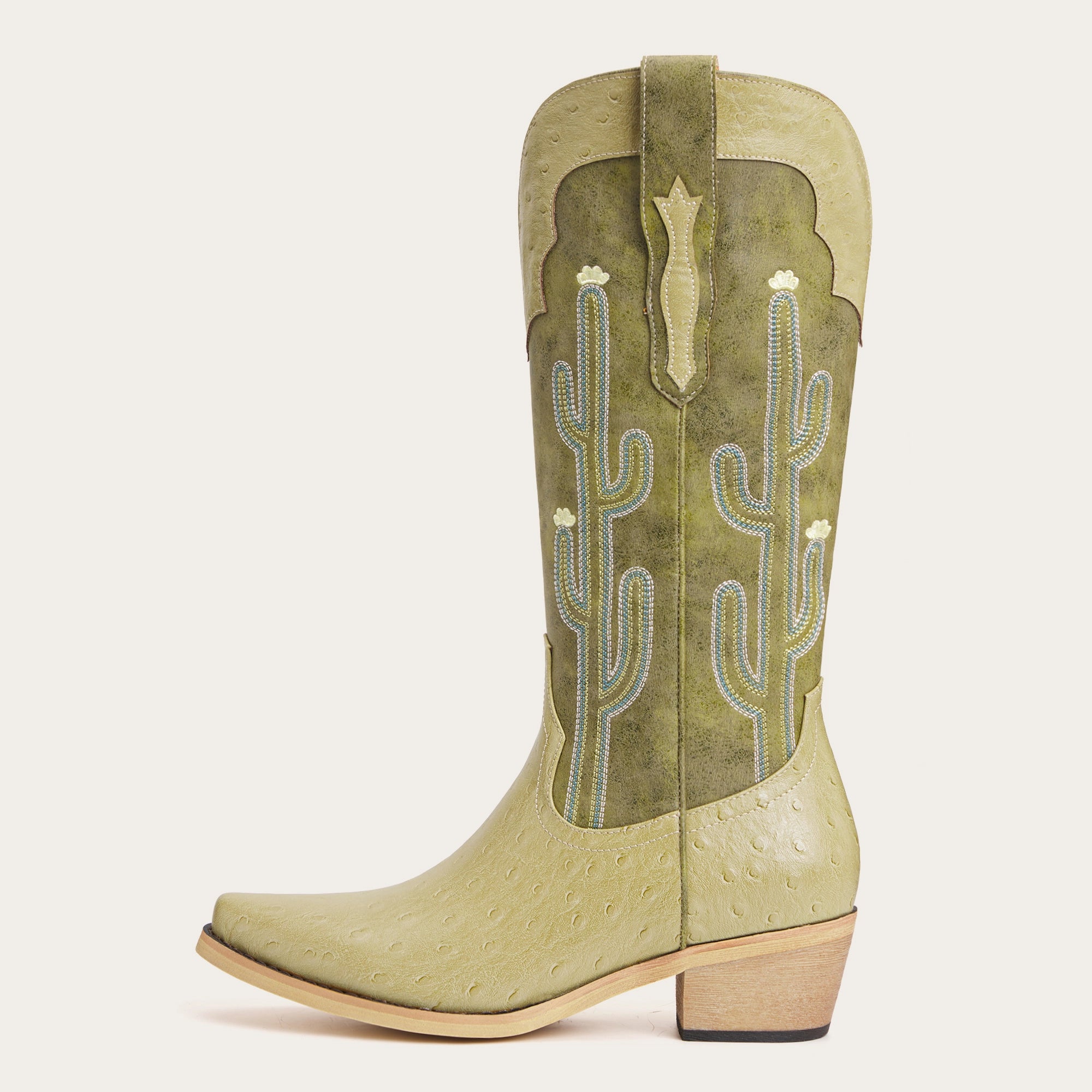 The Saguaro: Two-Tone Green Boots with Cactus Embroidery & Faux Ostrich