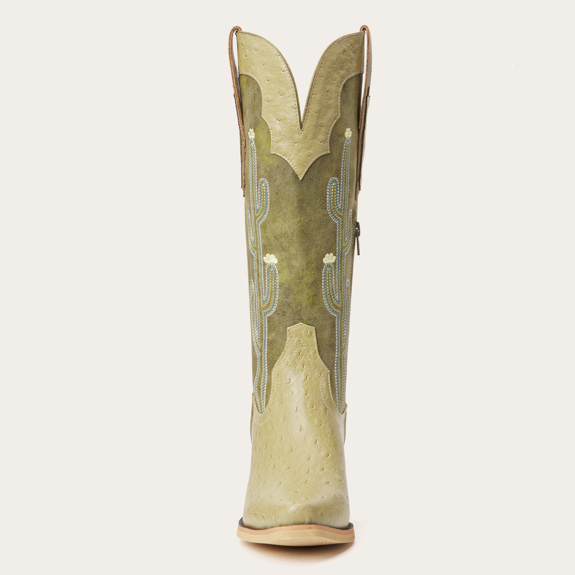 The Saguaro: Two-Tone Green Boots with Cactus Embroidery & Faux Ostrich