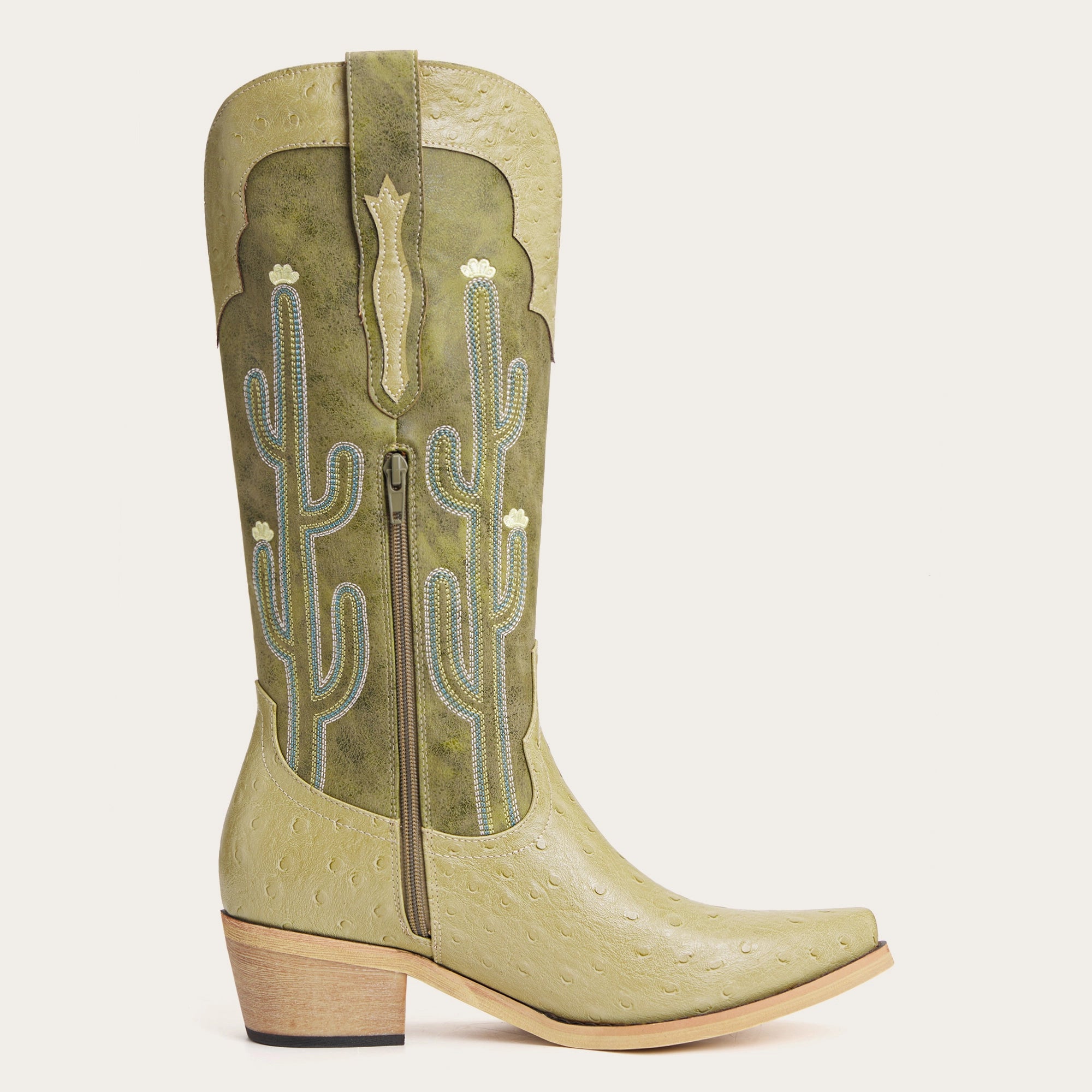 The Saguaro: Two-Tone Green Boots with Cactus Embroidery & Faux Ostrich