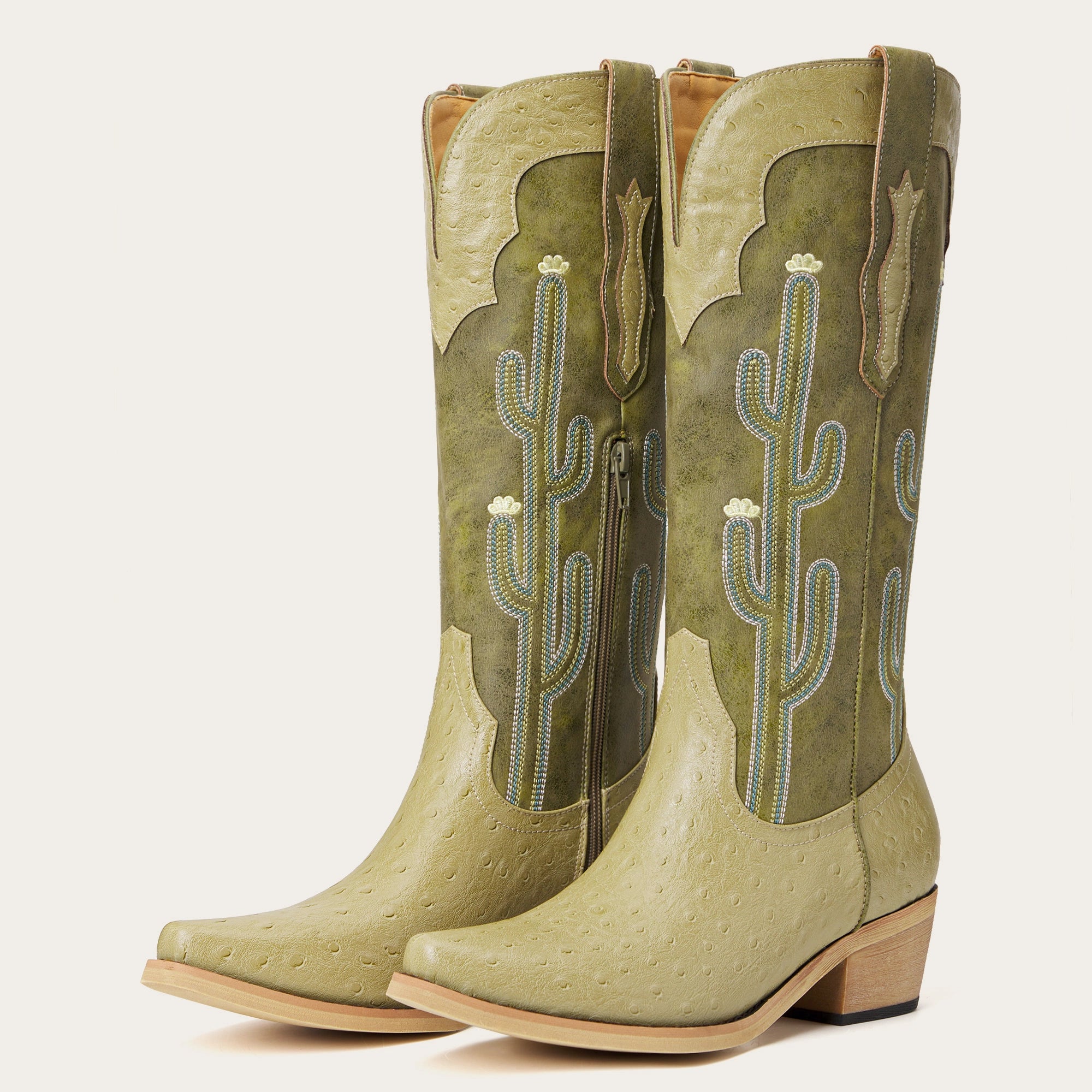 The Saguaro: Two-Tone Green Boots with Cactus Embroidery & Faux Ostrich