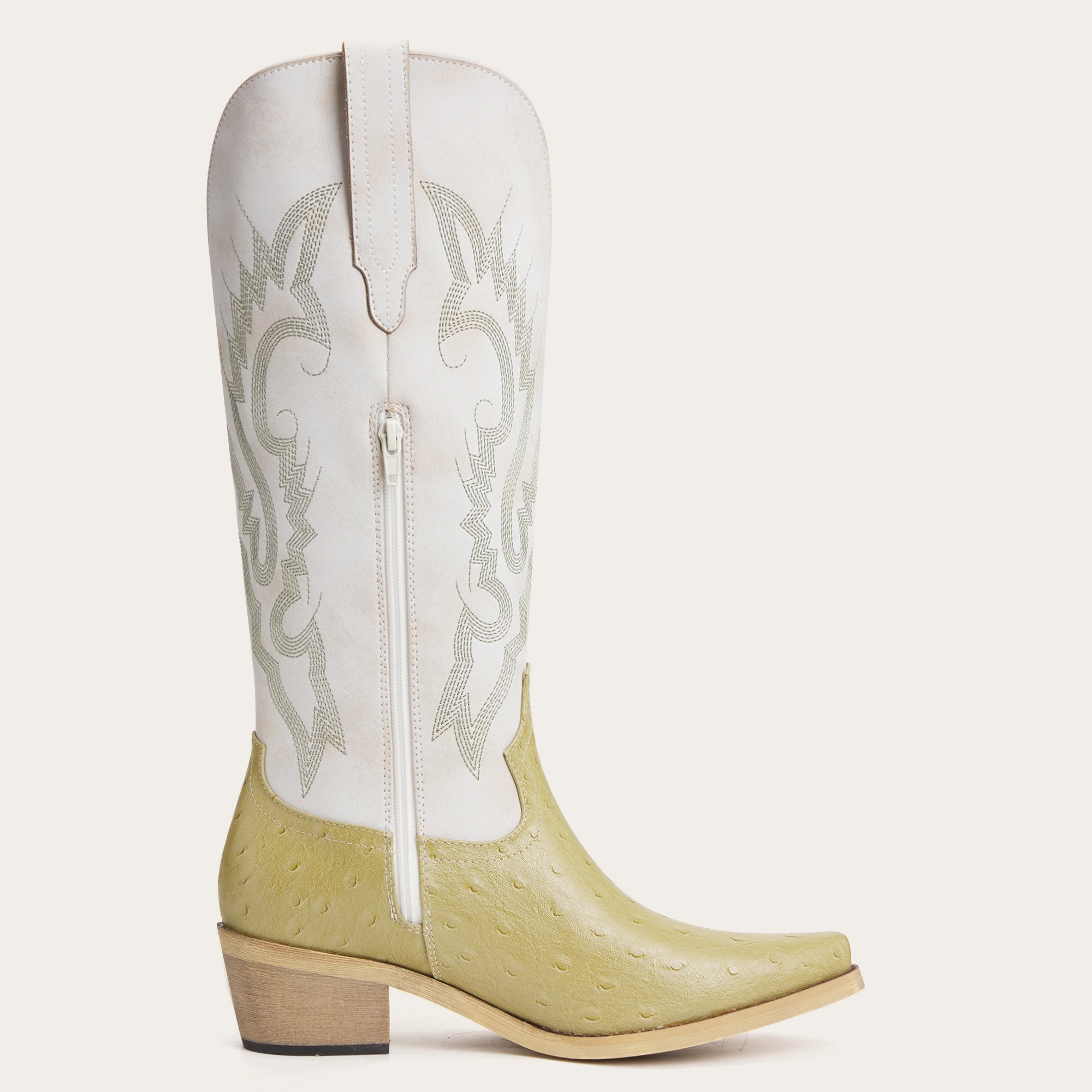 The Phoenix - Two-Tone Cowgirl Boots in Lime Faux Ostrich & Distressed White