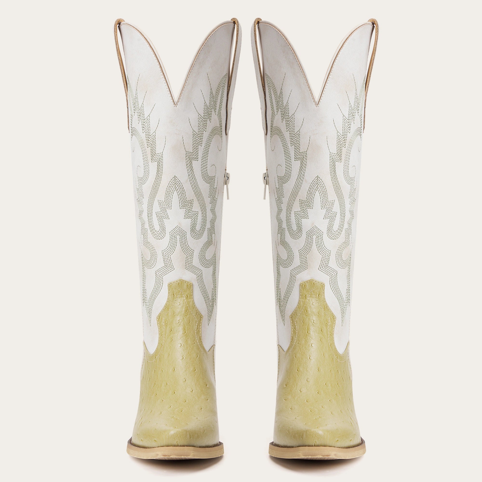The Phoenix - Two-Tone Cowgirl Boots in Lime Faux Ostrich & Distressed White