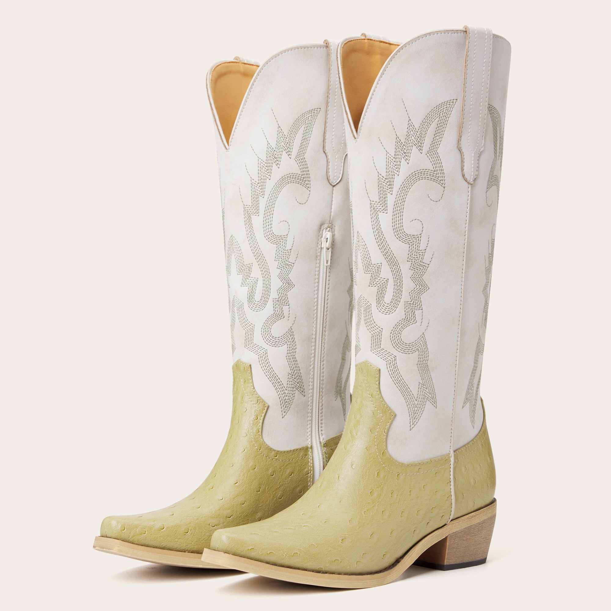 The Phoenix - Two-Tone Cowgirl Boots in Lime Faux Ostrich & Distressed White