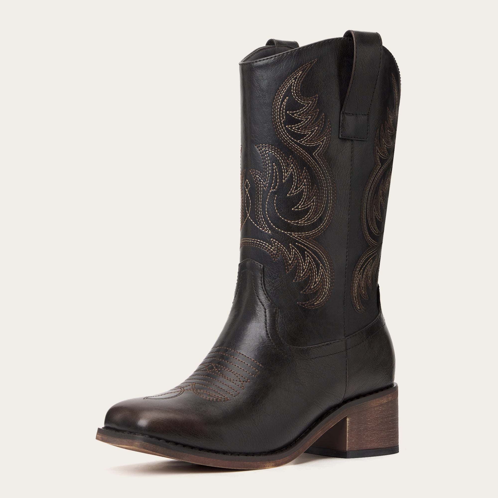 The Bronco - Black Square Toe Embroidered Mid-calf Cowgirl Boots