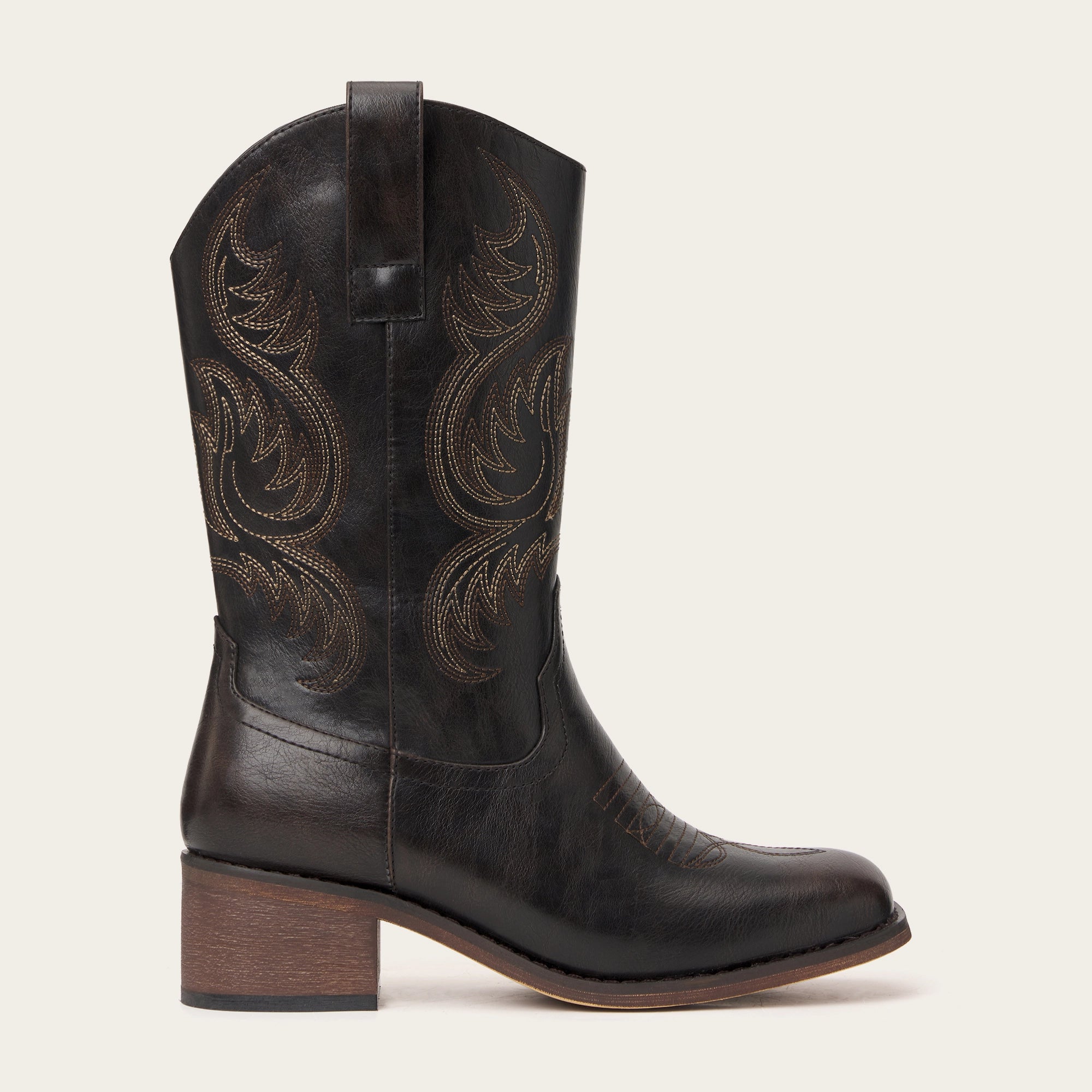 The Bronco - Black Square Toe Embroidered Mid-calf Cowgirl Boots
