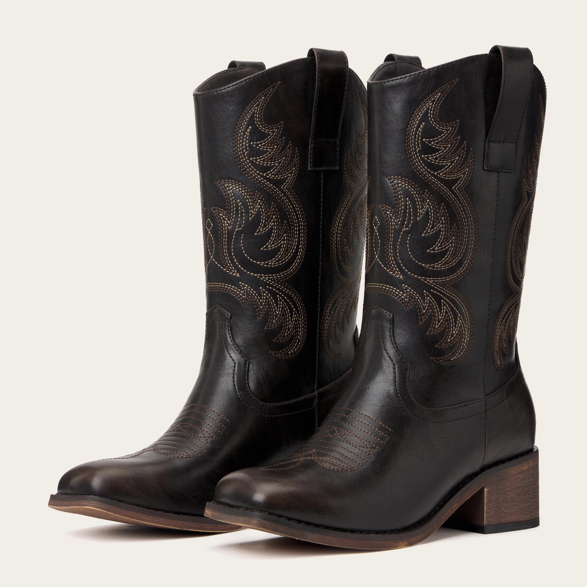 The Bronco - Black Square Toe Embroidered Mid-calf Cowgirl Boots