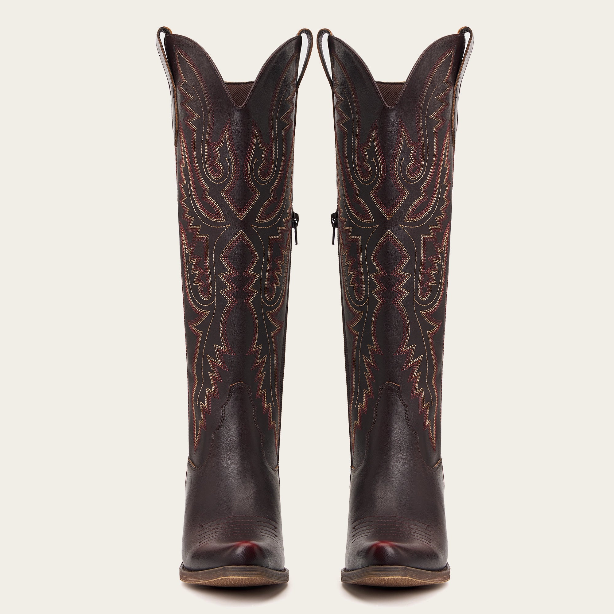 The Withersteen – Mahogany Brown Tall Cowgirl Boots with Bold Embroidery and Lace-Up Back