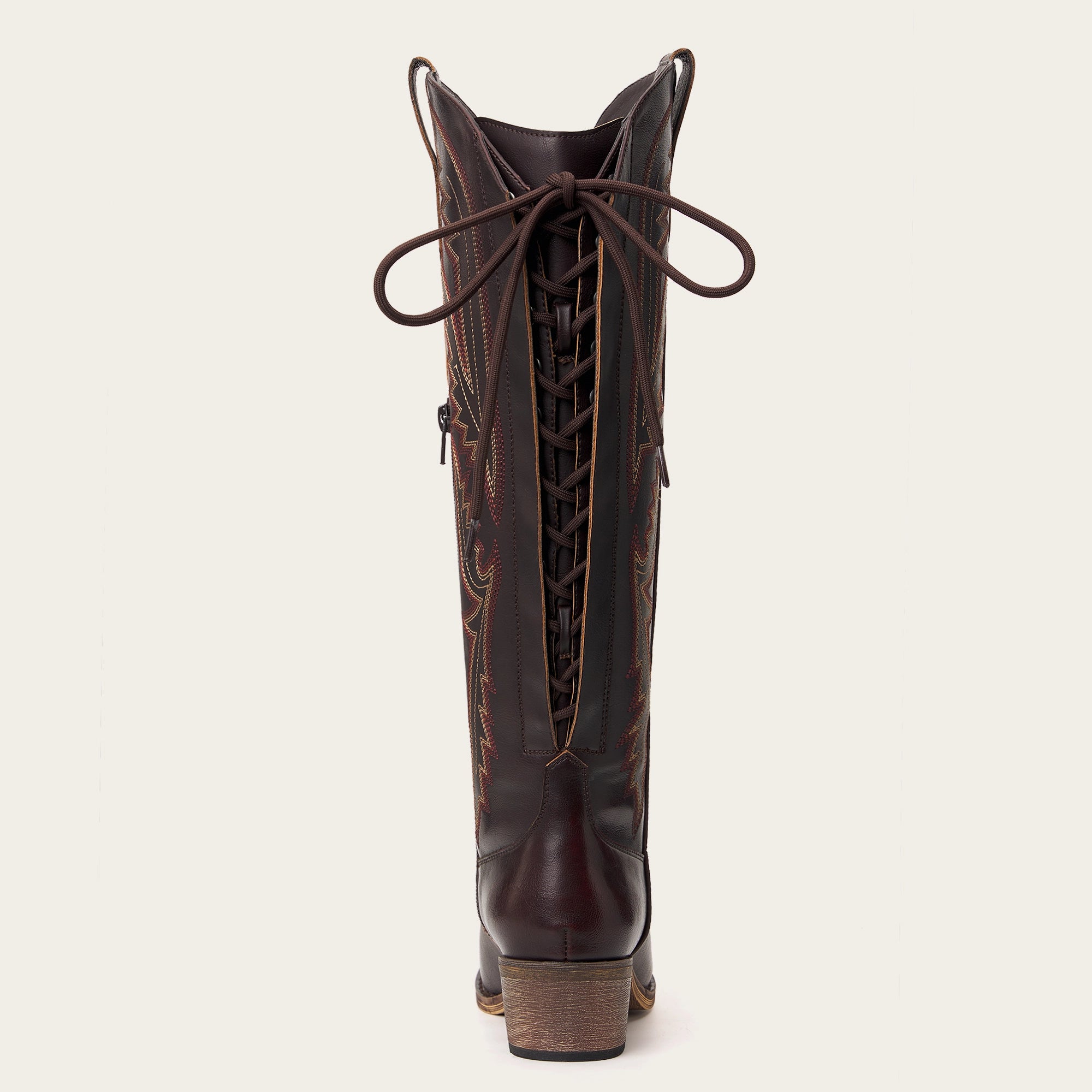The Withersteen – Mahogany Brown Tall Cowgirl Boots with Bold Embroidery and Lace-Up Back