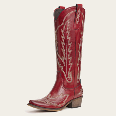 The Rosemary - Burgundy Embroidered Tall Western Cowgirl Boots with Side Zipper