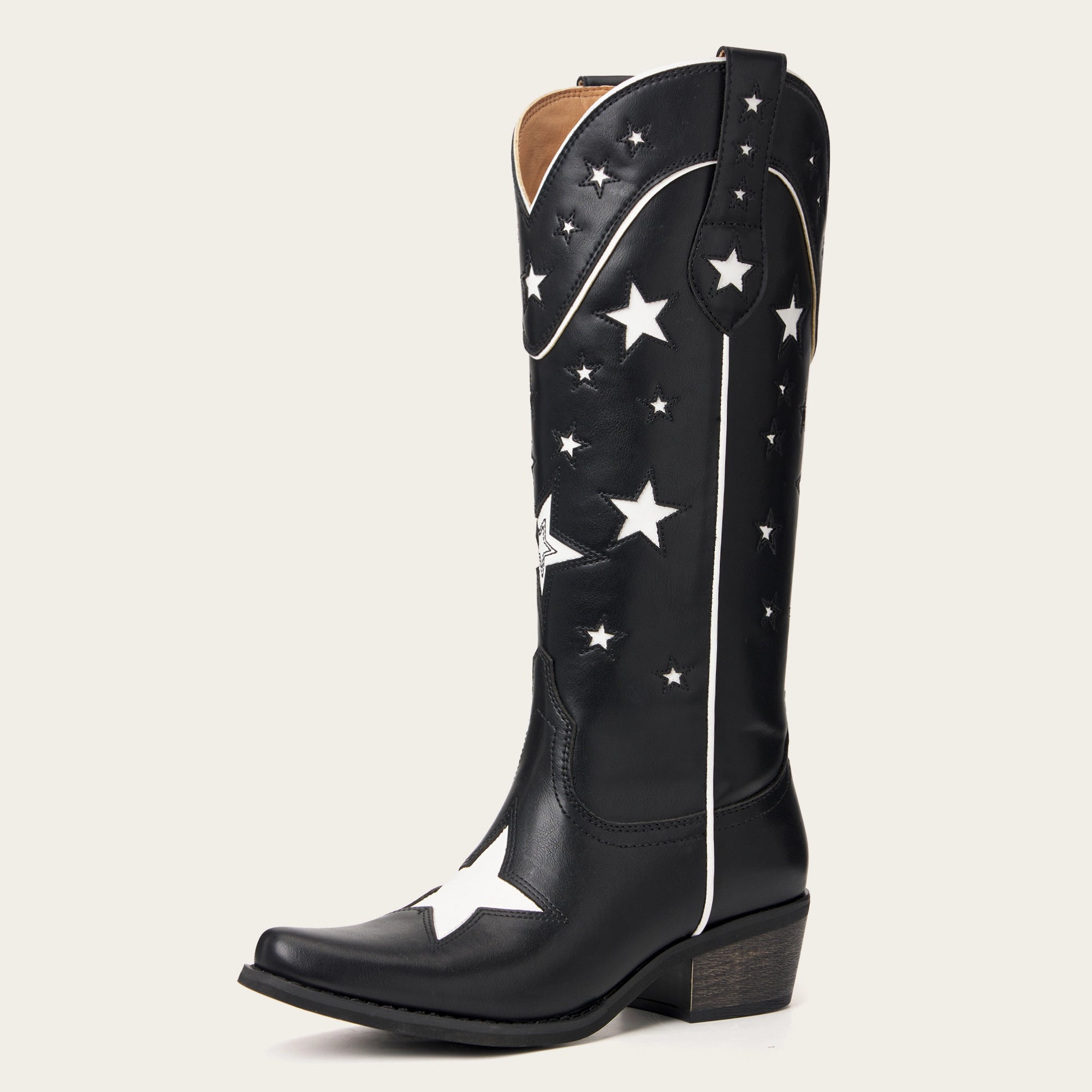 The Hensley - Black Starry Tall Cowgirl Boots with White Embroidery