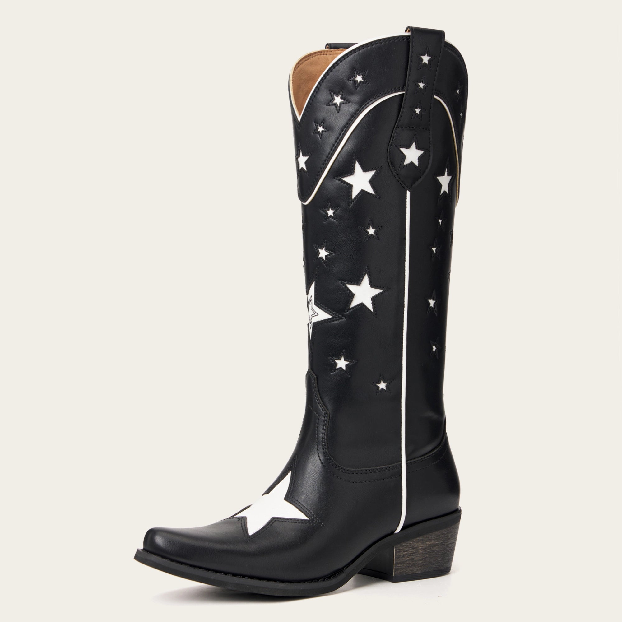 The Hensley - Black Starry Tall Cowgirl Boots with White Embroidery
