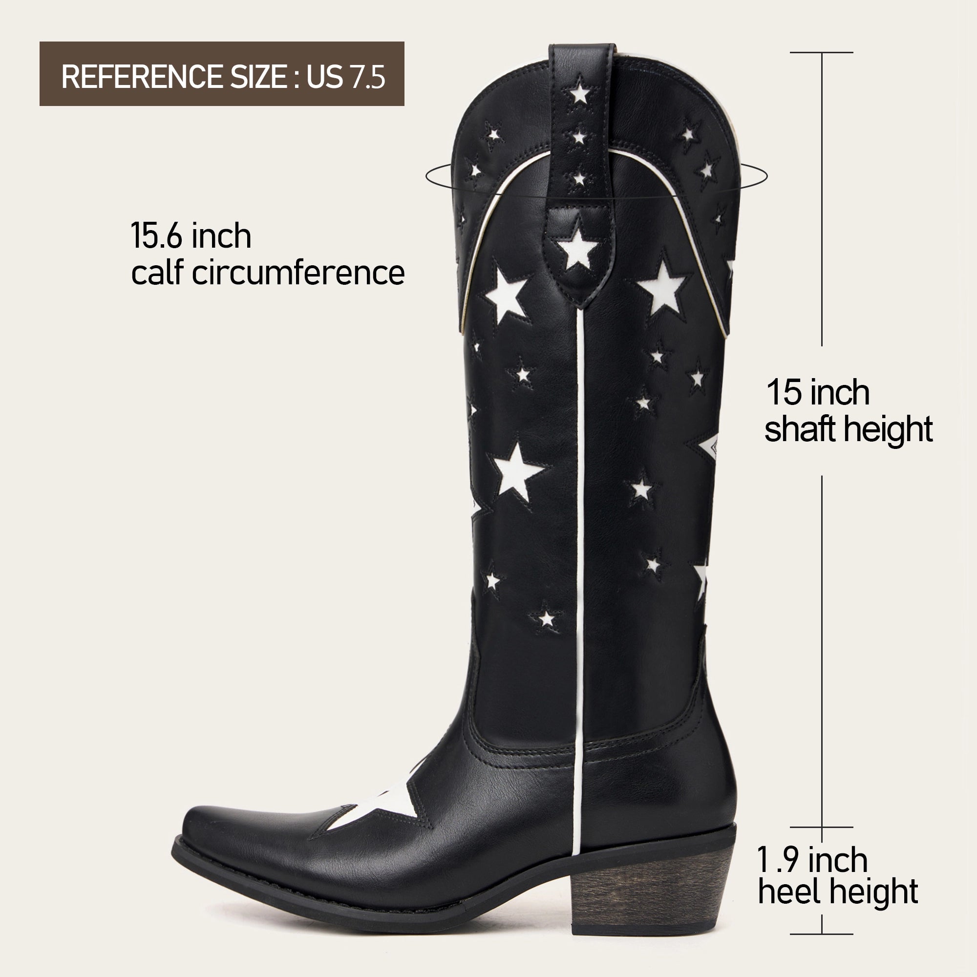 The Hensley - Black Starry Tall Cowgirl Boots with White Embroidery