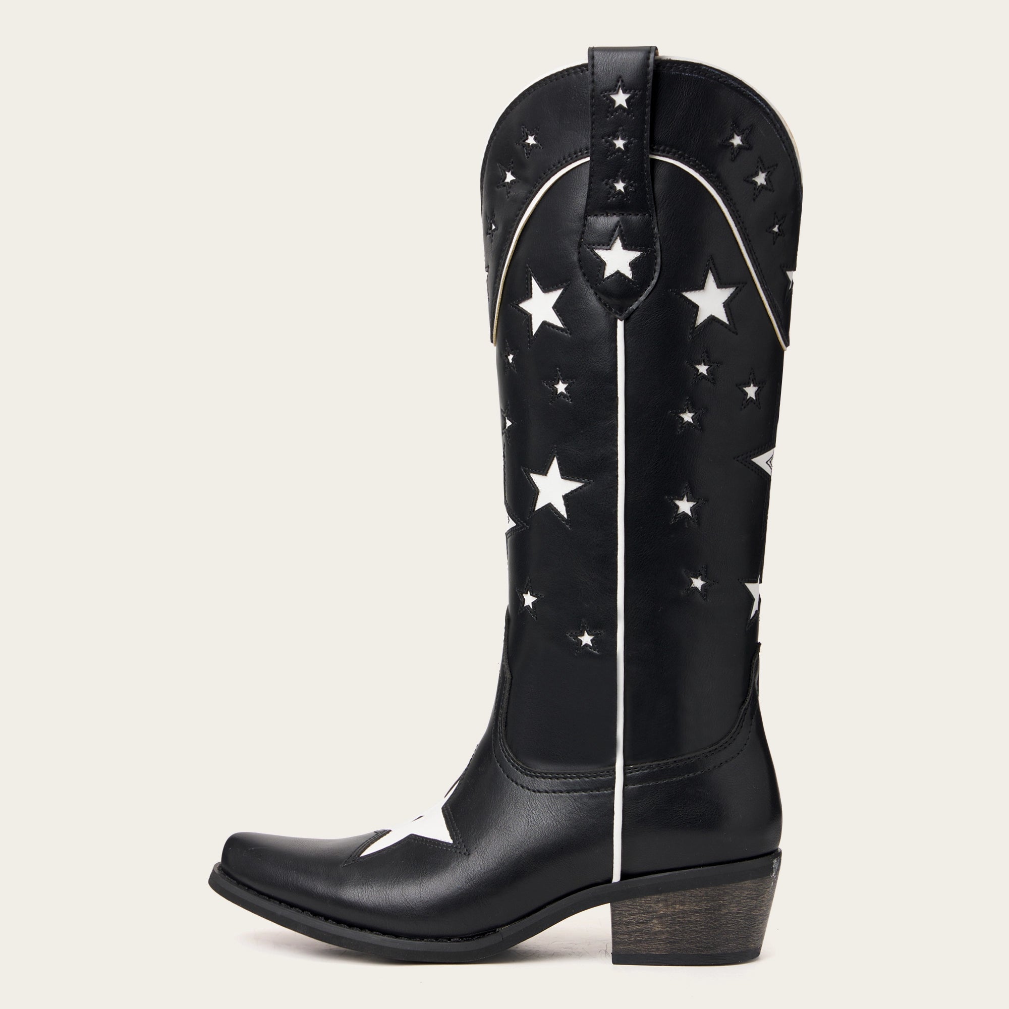 The Hensley - Black Starry Tall Cowgirl Boots with White Embroidery