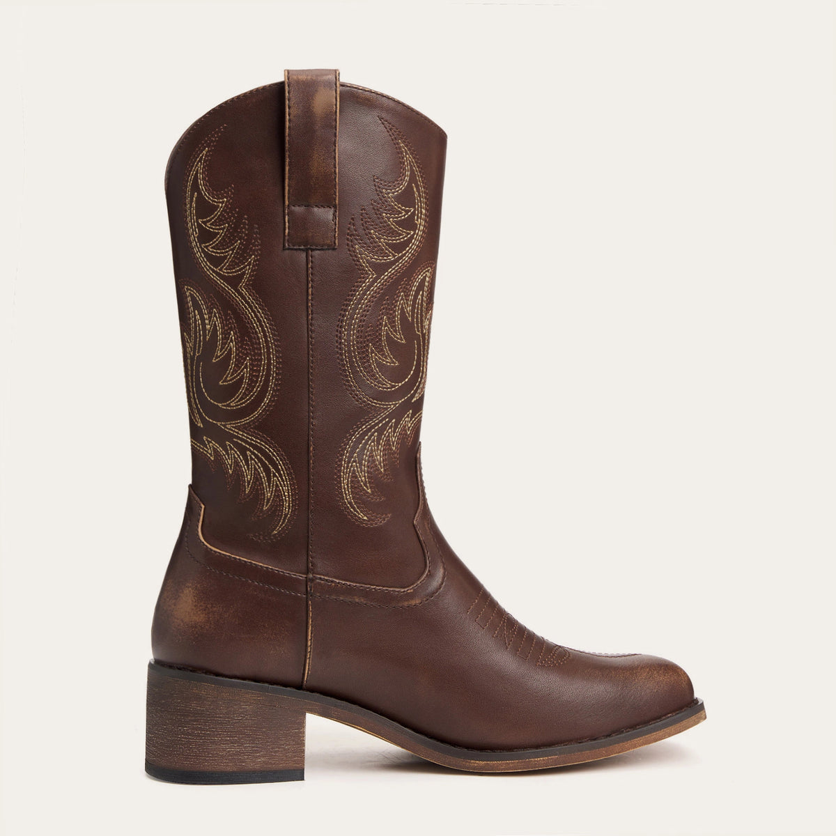 The Bronco - Brown Square Toe Mid-Calf Cowgirl Boots with Western Embroidery