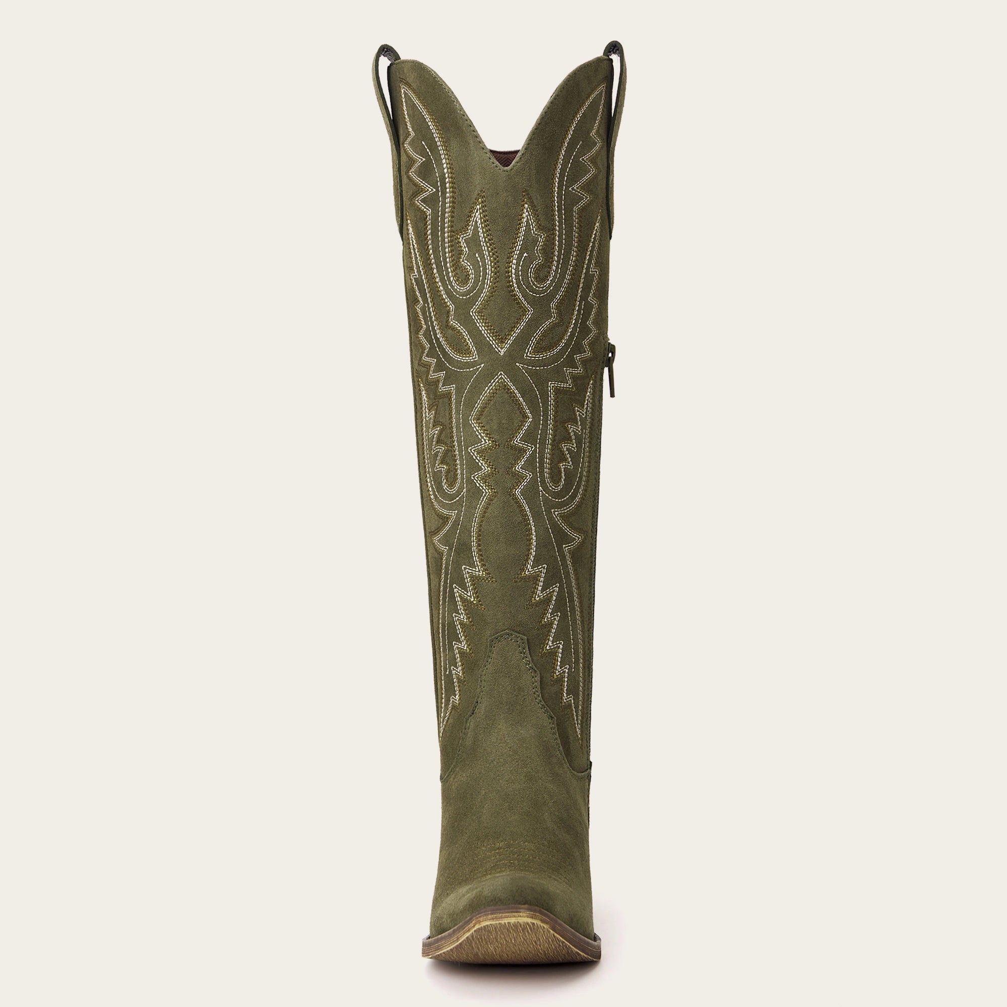 The Withersteen – Olive Suede Tall Cowgirl Boots with Bold Embroidery and Lace-Up Back