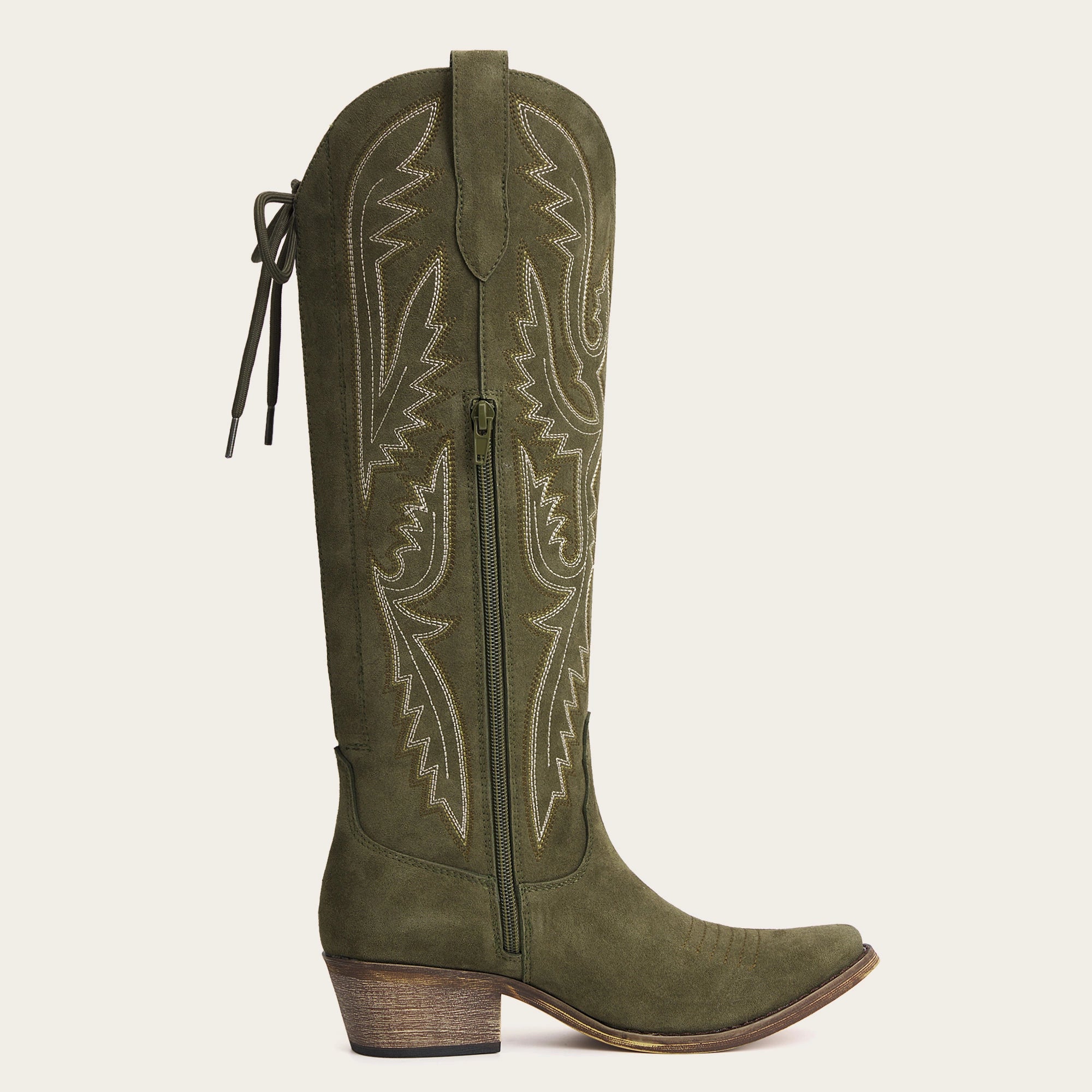 The Withersteen – Olive Suede Tall Cowgirl Boots with Bold Embroidery and Lace-Up Back