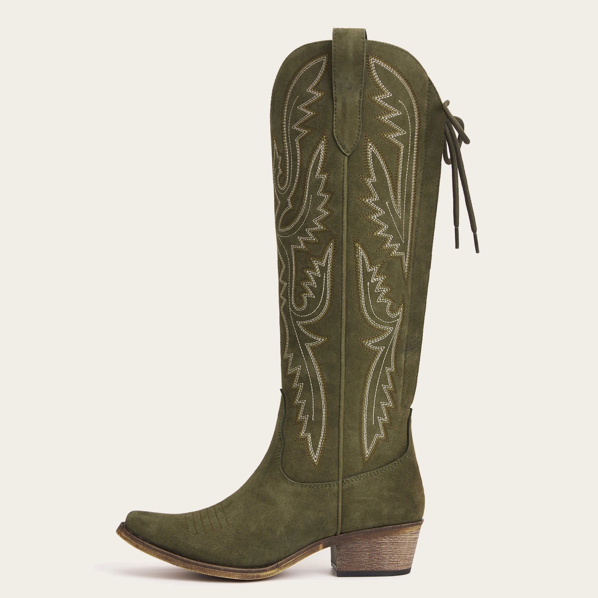 The Withersteen – Olive Suede Tall Cowgirl Boots with Bold Embroidery and Lace-Up Back