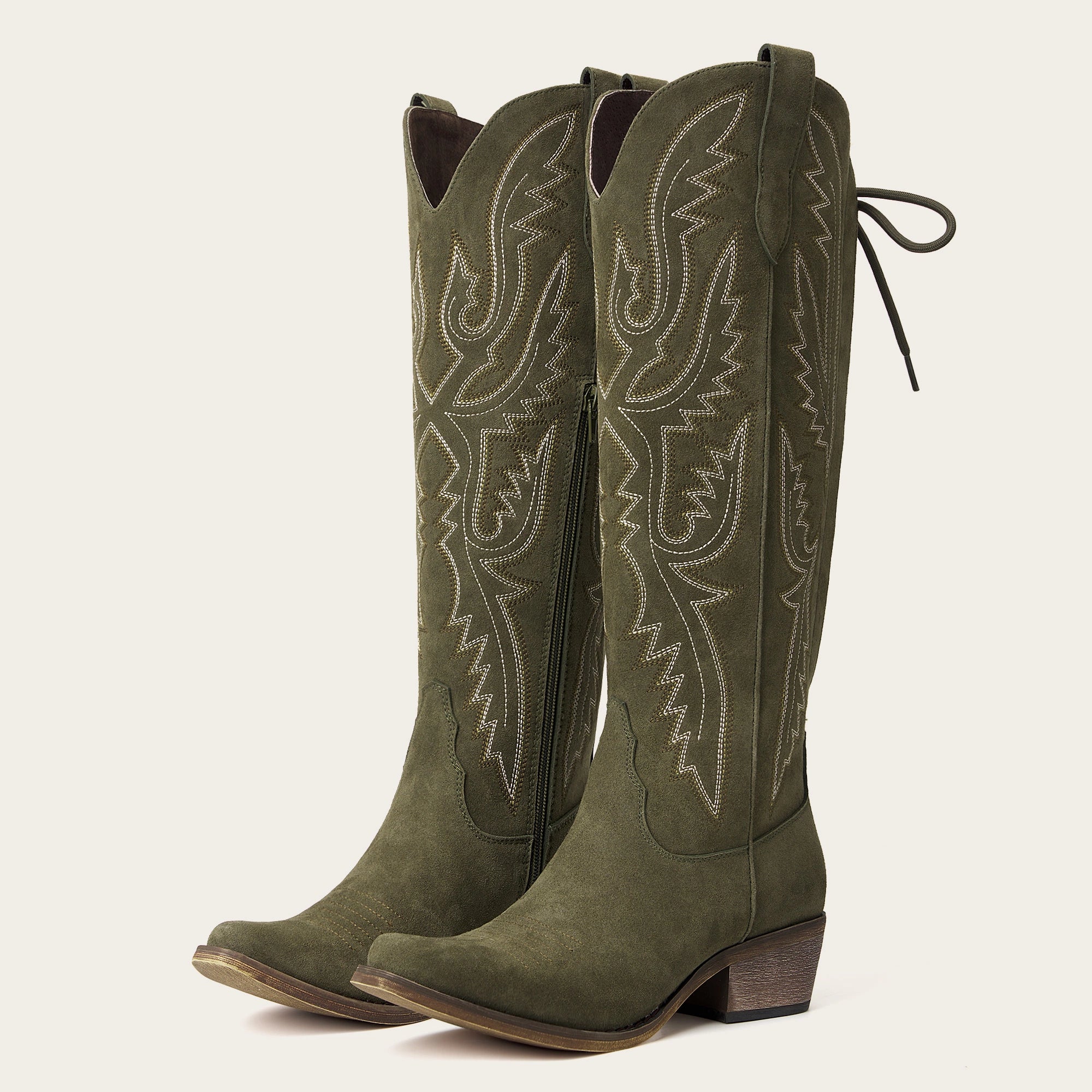 The Withersteen – Olive Suede Tall Cowgirl Boots with Bold Embroidery and Lace-Up Back