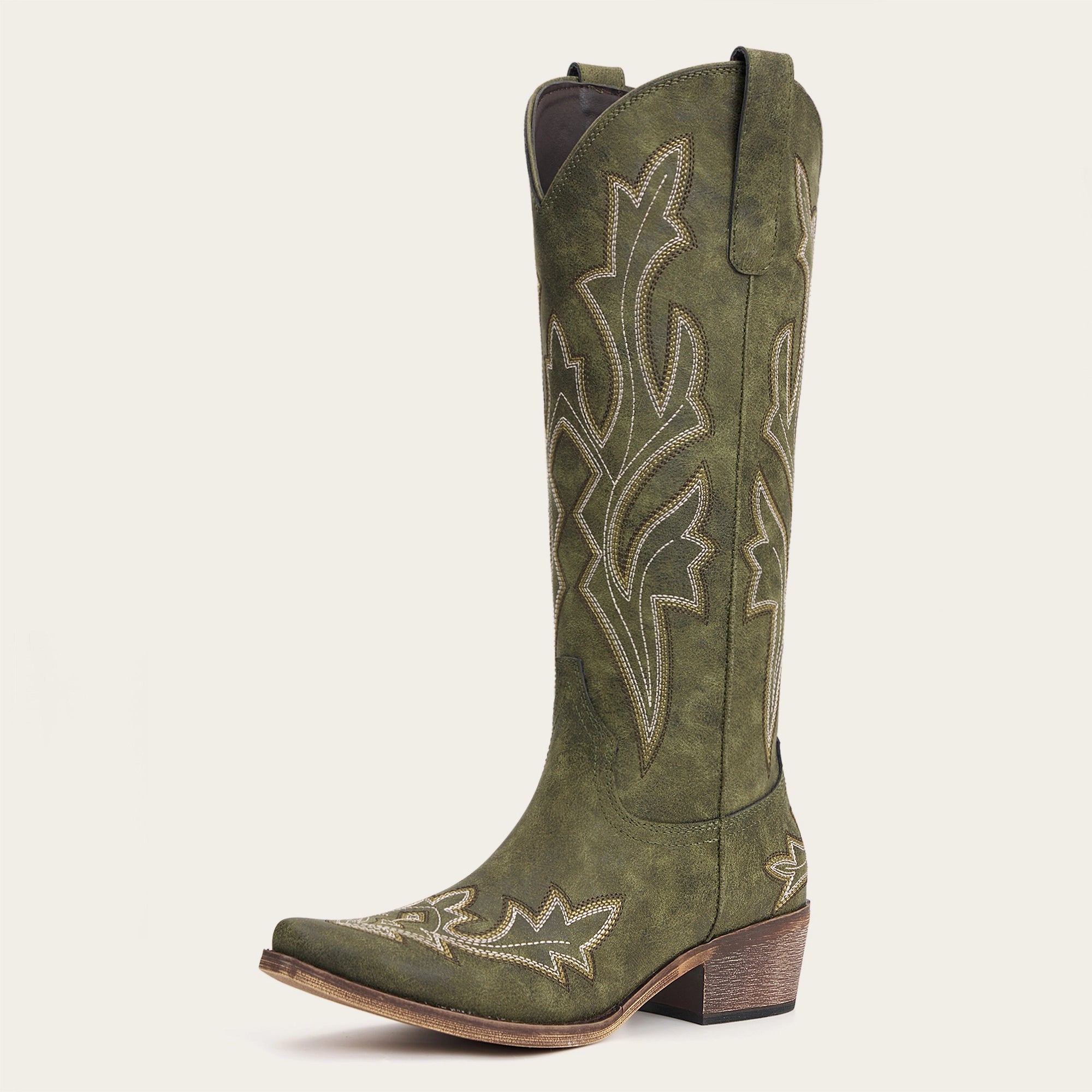 The Etta - Olive Short Tall Cowgirl Boots with Delicate Embroidery